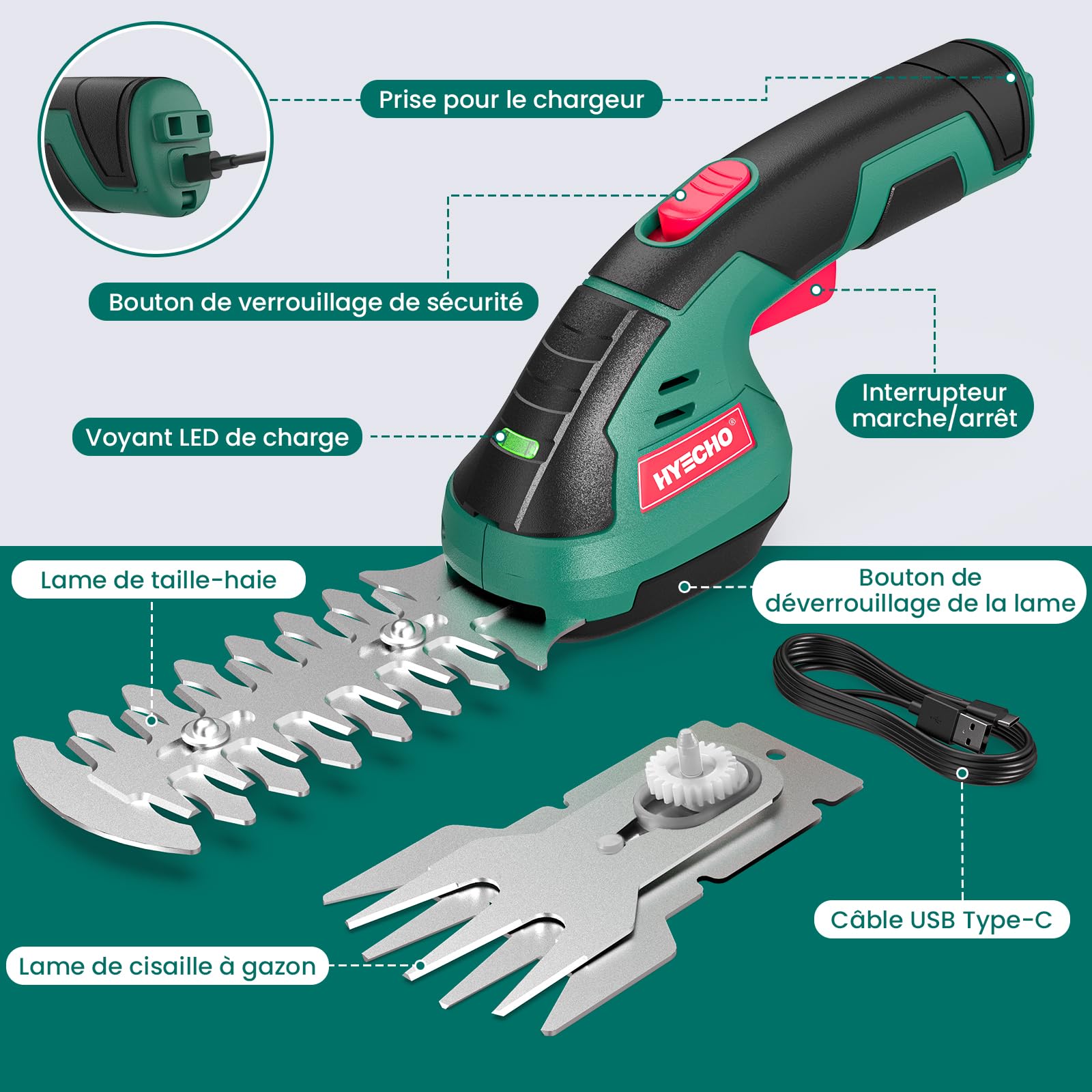 Taille Haie sans Fil, Taille Haie 2 en 1, Batterie Intégrée 7,2 V 2 Ah, 2 Lames, Taille Haie électrique avec clé de Sécurité, Convient pour Le Désherbage et l'élagage des Arbres