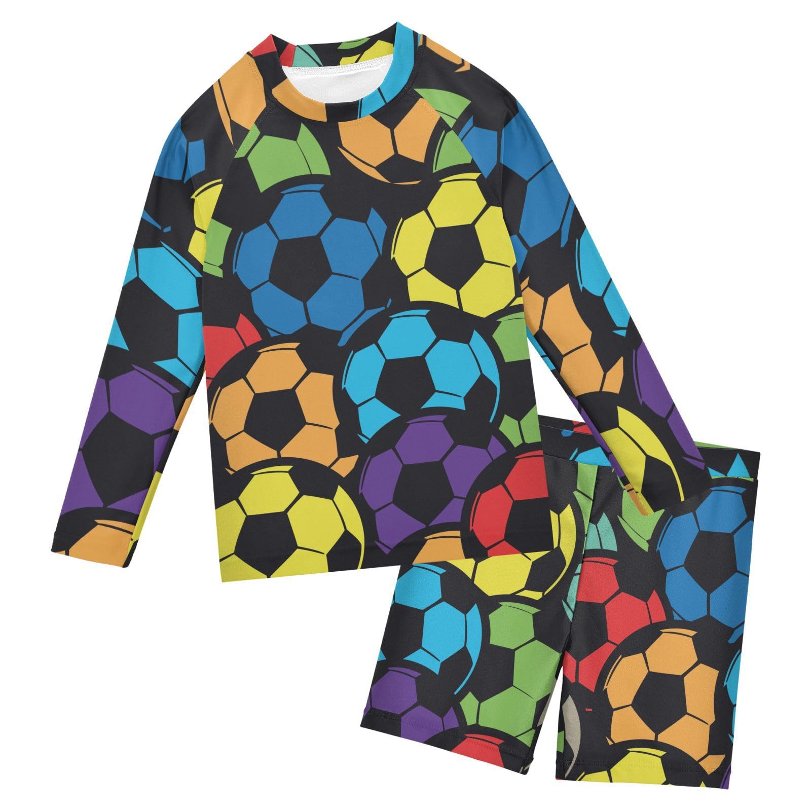 Aflyko Boys 2-Piece Swimwear Soccer Rainbow Rashguard Set Swim Trunks with Shirt Soft Fabric Board Shorts Comfy for Everyday Swimmer, 5-6T