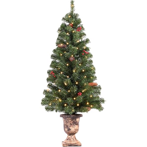 4FT Pre-lit Artificial Potted Christmas Tree with 50 LED Lights，Small Fake Spruce Tree,Xma Pine Cones Tree Decorated with 140 Branch Tips, Pine Cones&Red Berries, Plug in