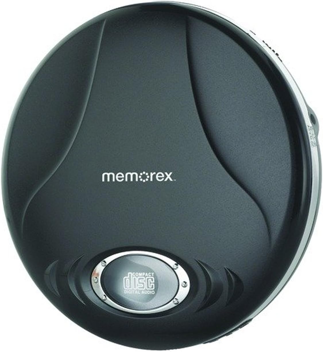 Memorex MD6451 Portable CD Player, black, with the disc compartment visible and 'compact disc digital audio' logo.