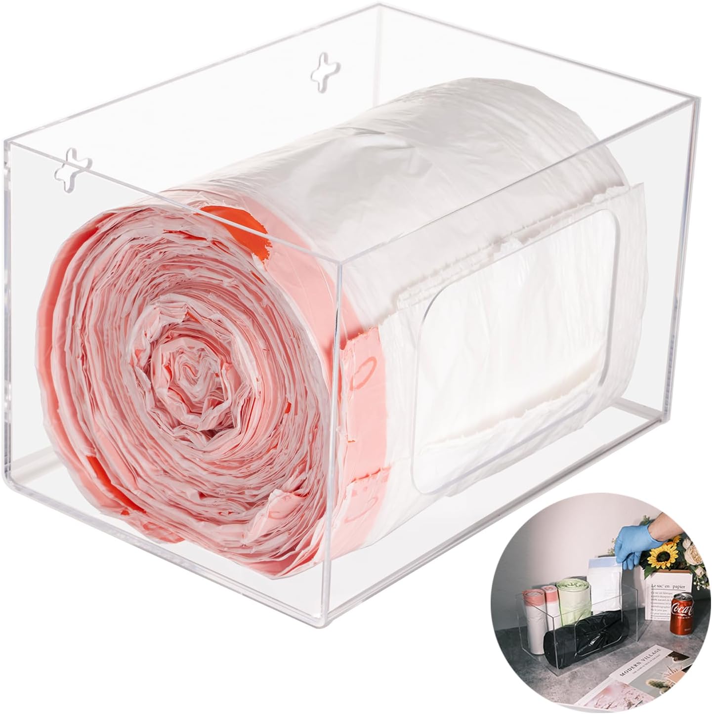 SEANADO Trash Bag Dispenser Roll Holder, 2 Compartment Wall Mount Acrylic Kitchen Double Side Loaded Organizer Storage Box Holder for Garbage and Grocery Bags (10.4 x 5.5 x 11inches)