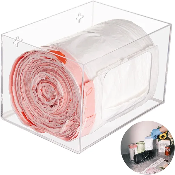 SEANADO Extra Large Trash Bag Dispenser Roll Holder without Lid, Wall Mount Acrylic Kitchen Under Sink Organizer Storage Box Large Garbage Bags (10.43” x 7.5” x 6.9”)