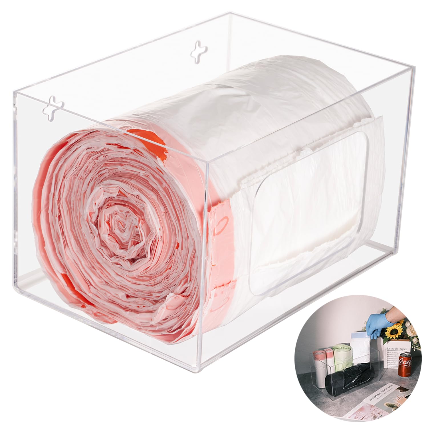 SEANADO Extra Large Trash Bag Dispenser Roll Holder, Wall Mount Acrylic Kitchen Under Sink Organizer Storage Box Large Garbage Bags (10.43” x 7.5” x