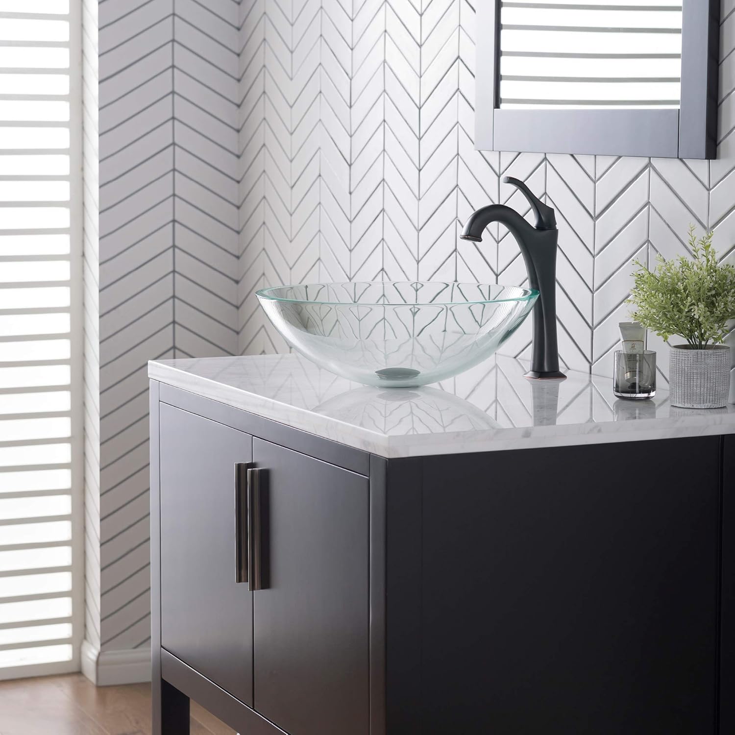 KRAUS 16 1/2-inch Crystal Clear Glass Bathroom Vessel Sink and Matte Black Arlo™ Faucet Combo Set with Pop-Up Drain