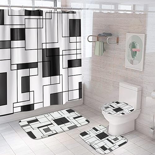 4 Pcs Black Shower Curtain Set with Rugs-Black and White Shower CurtainBathroom Sets with Shower Curtain and Rugs Black