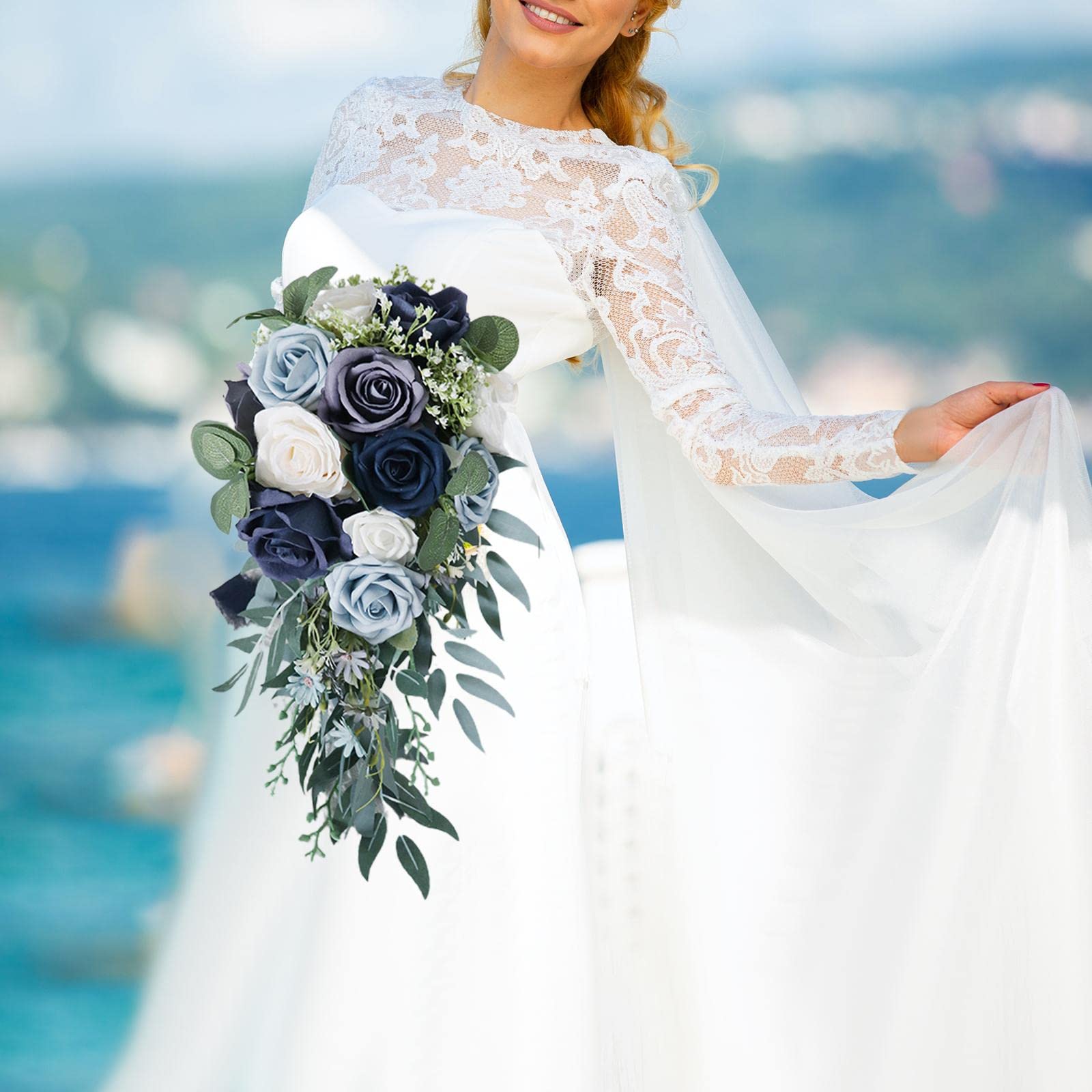 Esquirla Romantic Wedding Bridal Bouquet Bunch Waterfall Shape Silk Cloth Holding Bouquet for Church Celebrations Photography, Blue