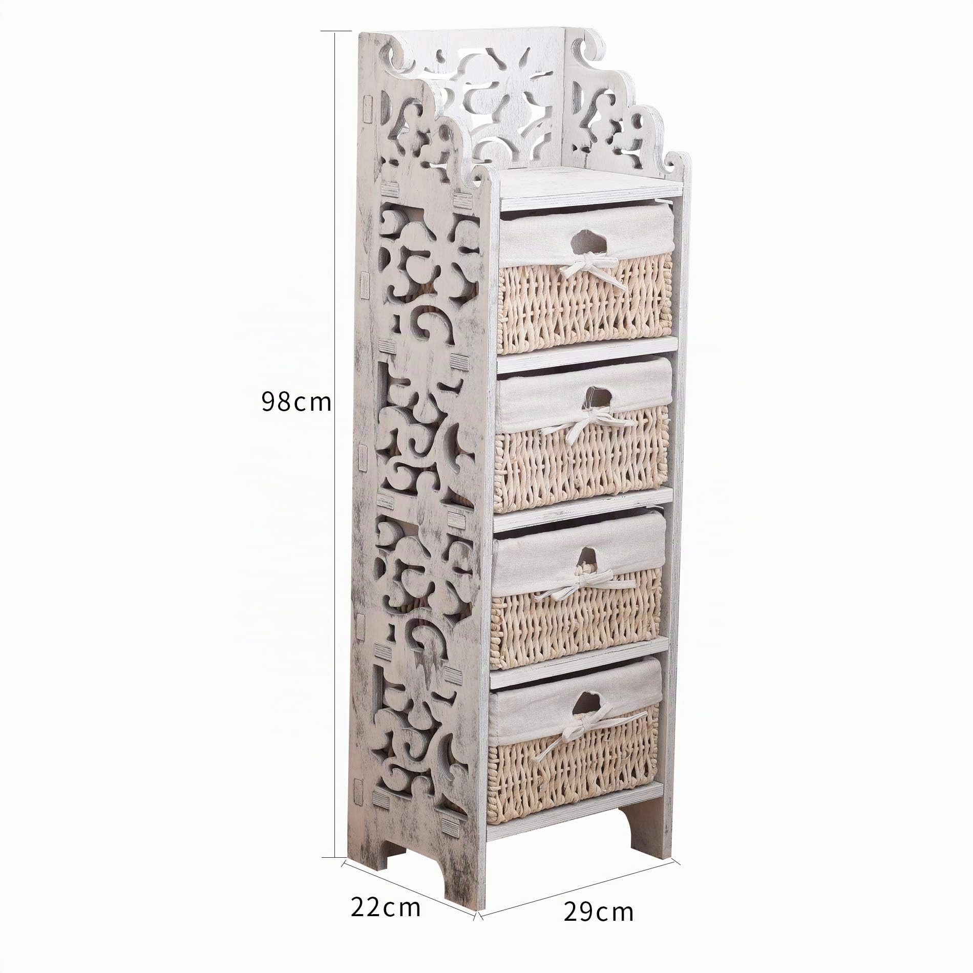 Rebecca Mobili Mesita de Noche con 4 cajones, cómoda de Madera Mimbre, Blanco, Estilo Shabby Vintage, Muebles Sala de Estar baño- Medidas: 98 x 29 x 22 cm (AxANxF) - Art. RE4295