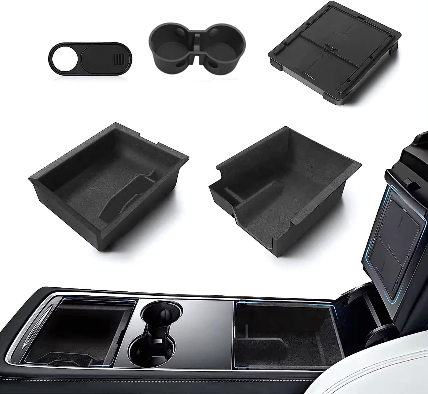 ZAUQ Tesla Model 3 & Y 5-Piece Console Organizer Set – Tesla Model 3 & Model Y Interior Accessories Flocked – Custom Fit Anti-Slip Upgrade for 2021 2022 2023