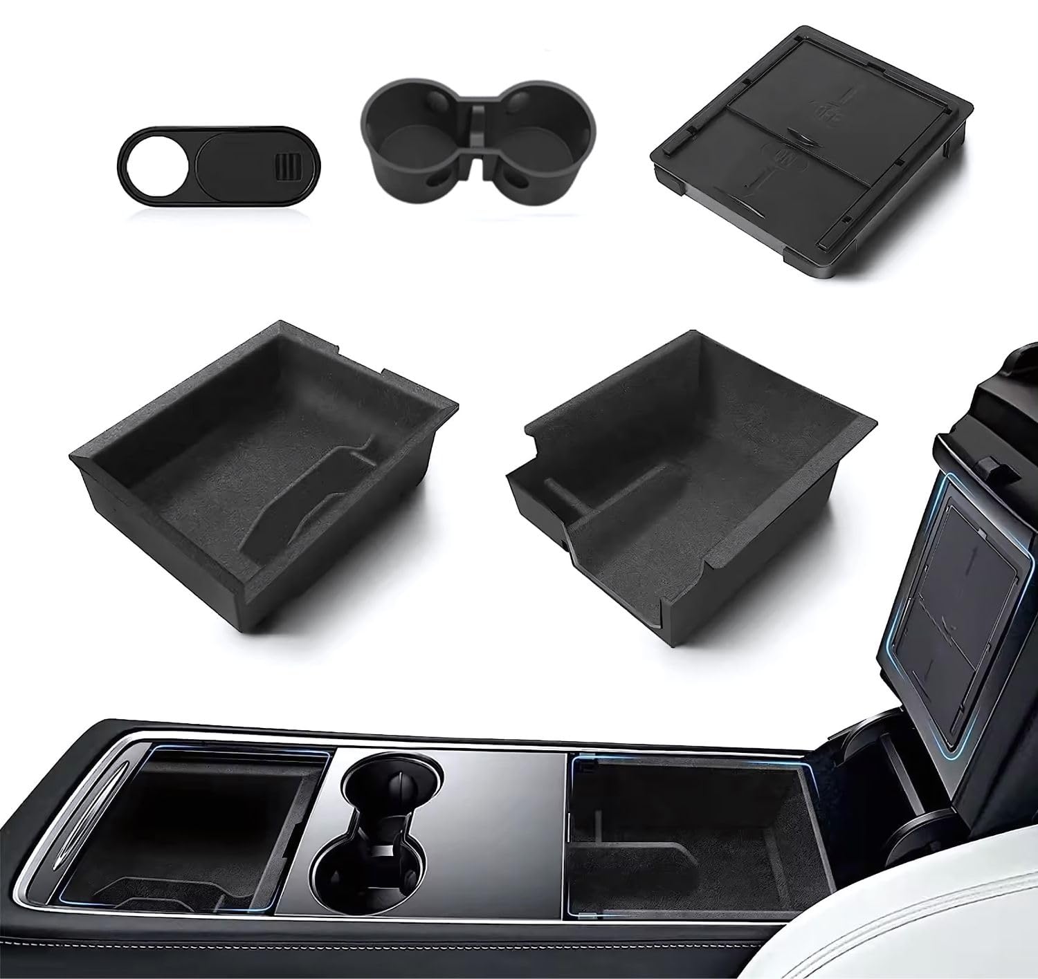 ZAUQ Tesla Model 3 & Y 5-Piece Console Organizer Set – Tesla Model 3 & Model Y Interior Accessories Flocked – Custom Fit Anti-Slip Upgrade for 2021 2022 2023