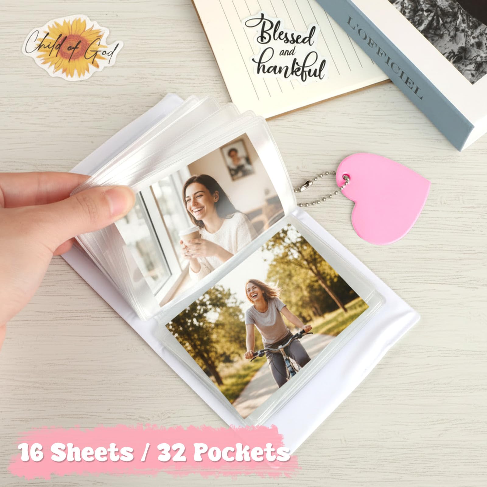 Mini segregator na fotokartki, album 7,6 cm, segregatory na karty z wydrążonym sercem, etui na fotokartki, album fotograficzny z 32 kieszeniami, wisiorek w kształcie serca (różowy)