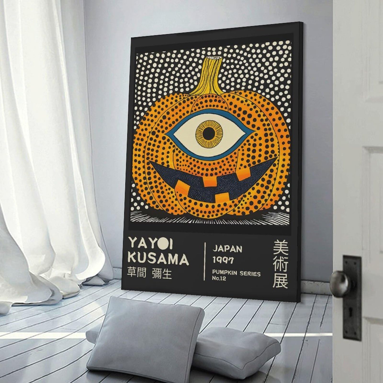 Junmoney Frame-Style-11 Yayoi Kusama Pumpkin No.12 Exhibition Poster Canvas Wall Art 24X36inch(60X90cm), For Workspace Walls, Study Corners Or Bedrooms, Wall Art That Adds Style To Work Areas