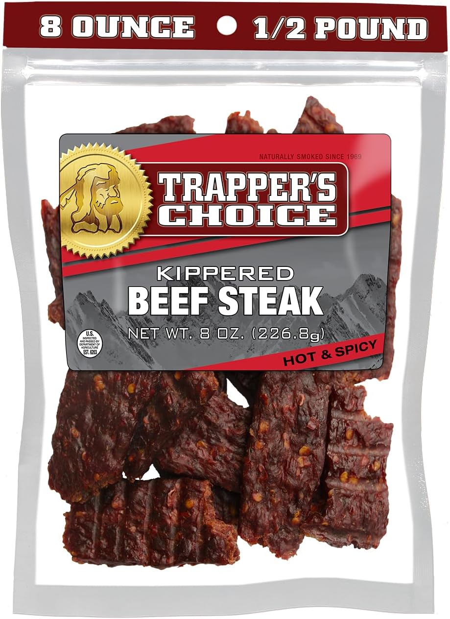 Old Trapper, Trapper's Choice Hot & Spicy Kippered Beef Steak, Eight-Ounce Individual Package, 10 Grams of Protein and 70 Calories Per Serving (Pack of One)