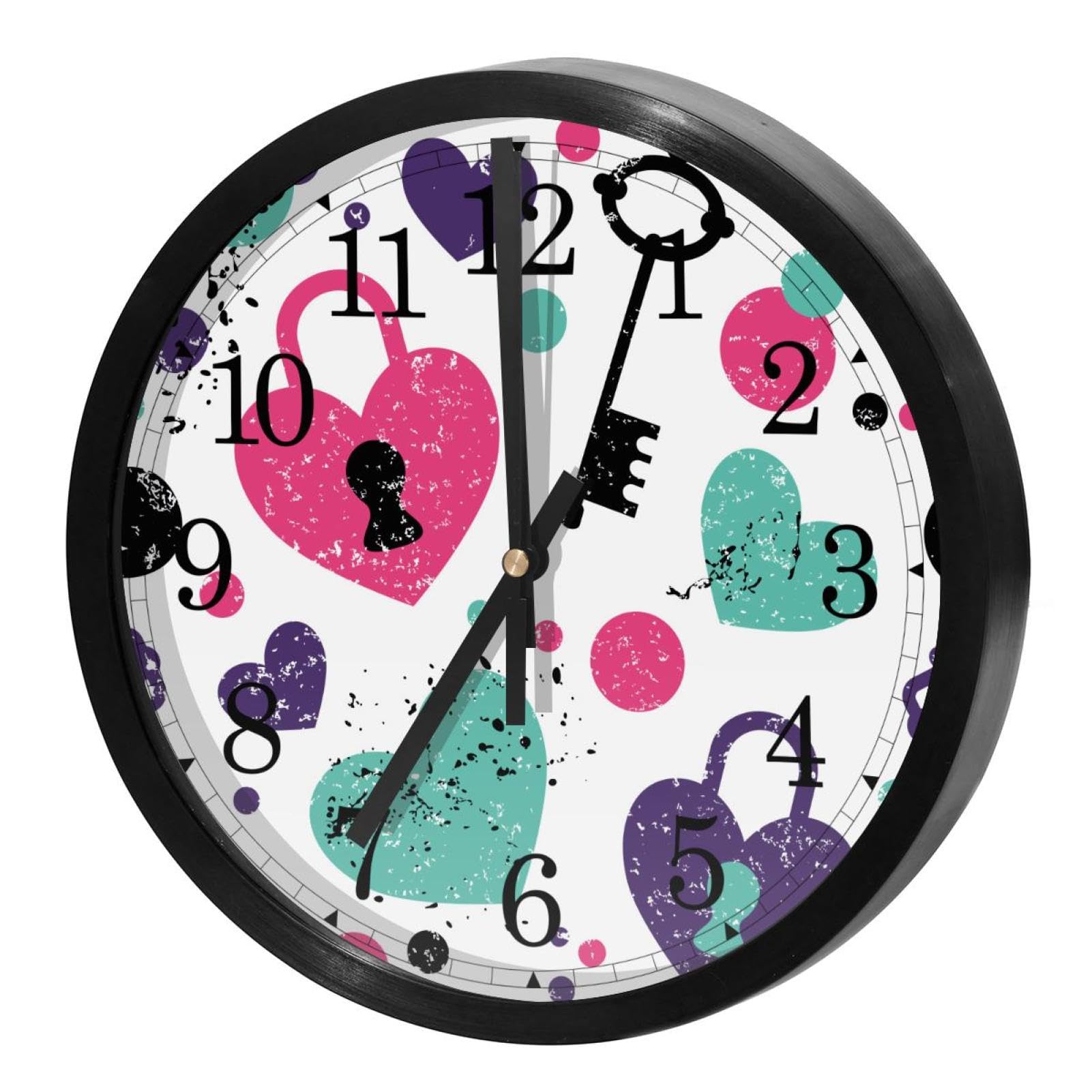 Horloge murale silencieuse à quartz ronde avec motif serrure d'amour pour décorer le salon
