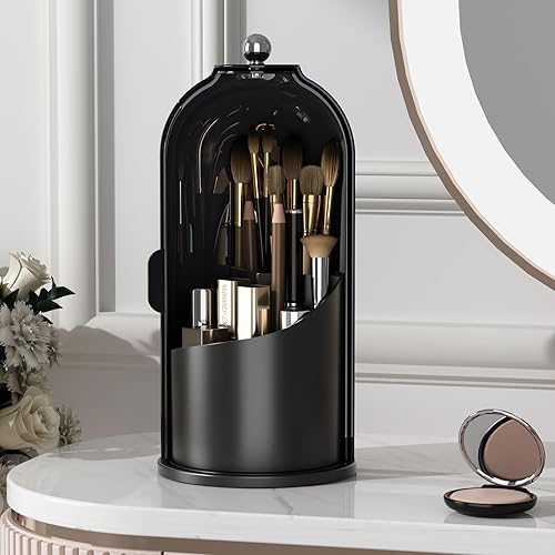Miniatura 8 de Soporte para brochas de maquillaje con tapa, giratorio de 360 grados, a prueba de polvo, organizador de maquillaje para tocador de baño,