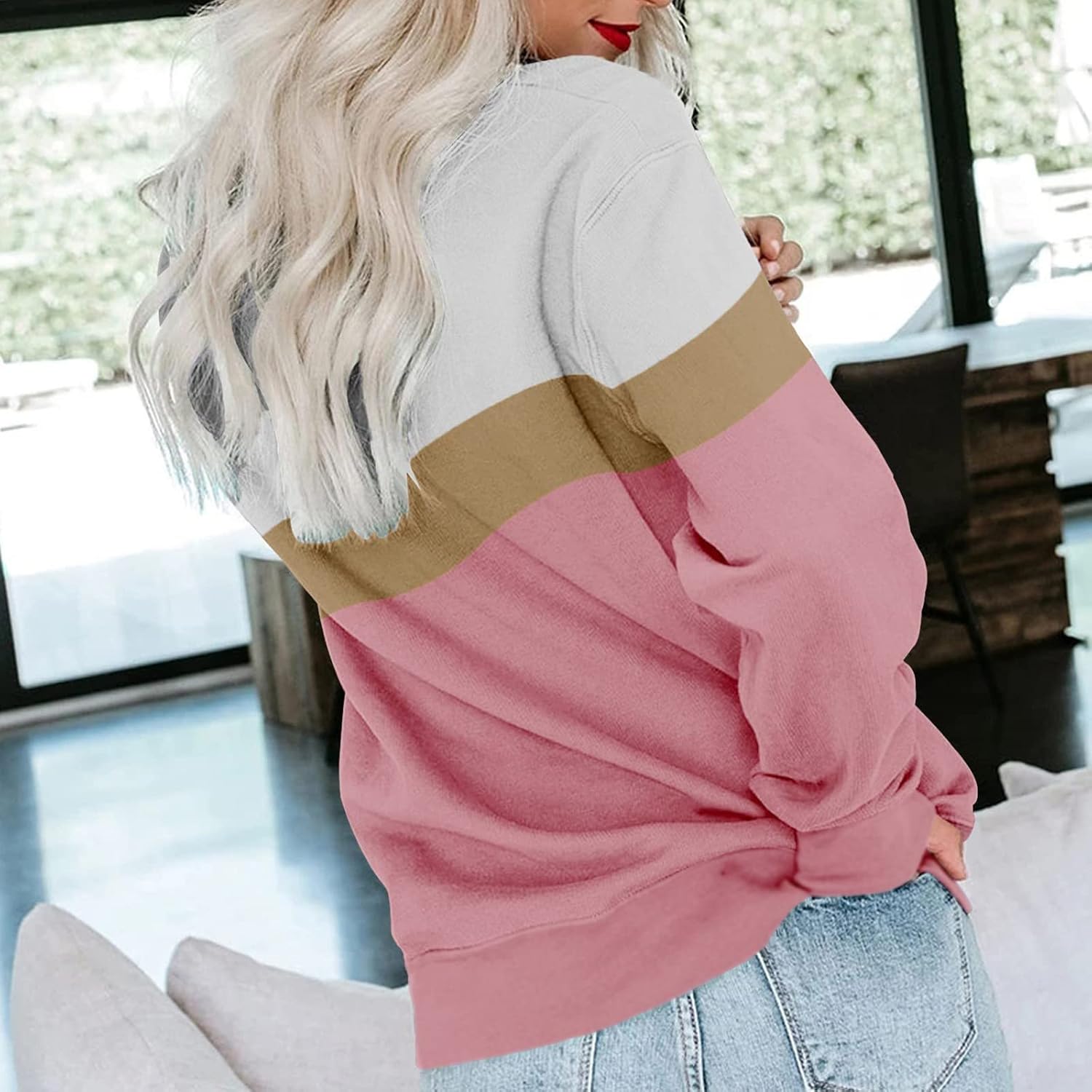 SHAOBGE Women Spring Casual Crewneck Sweatshirts Long Sleeve Color Block/Solid Tops Cute Winter Pullover Loose Fit Shirts