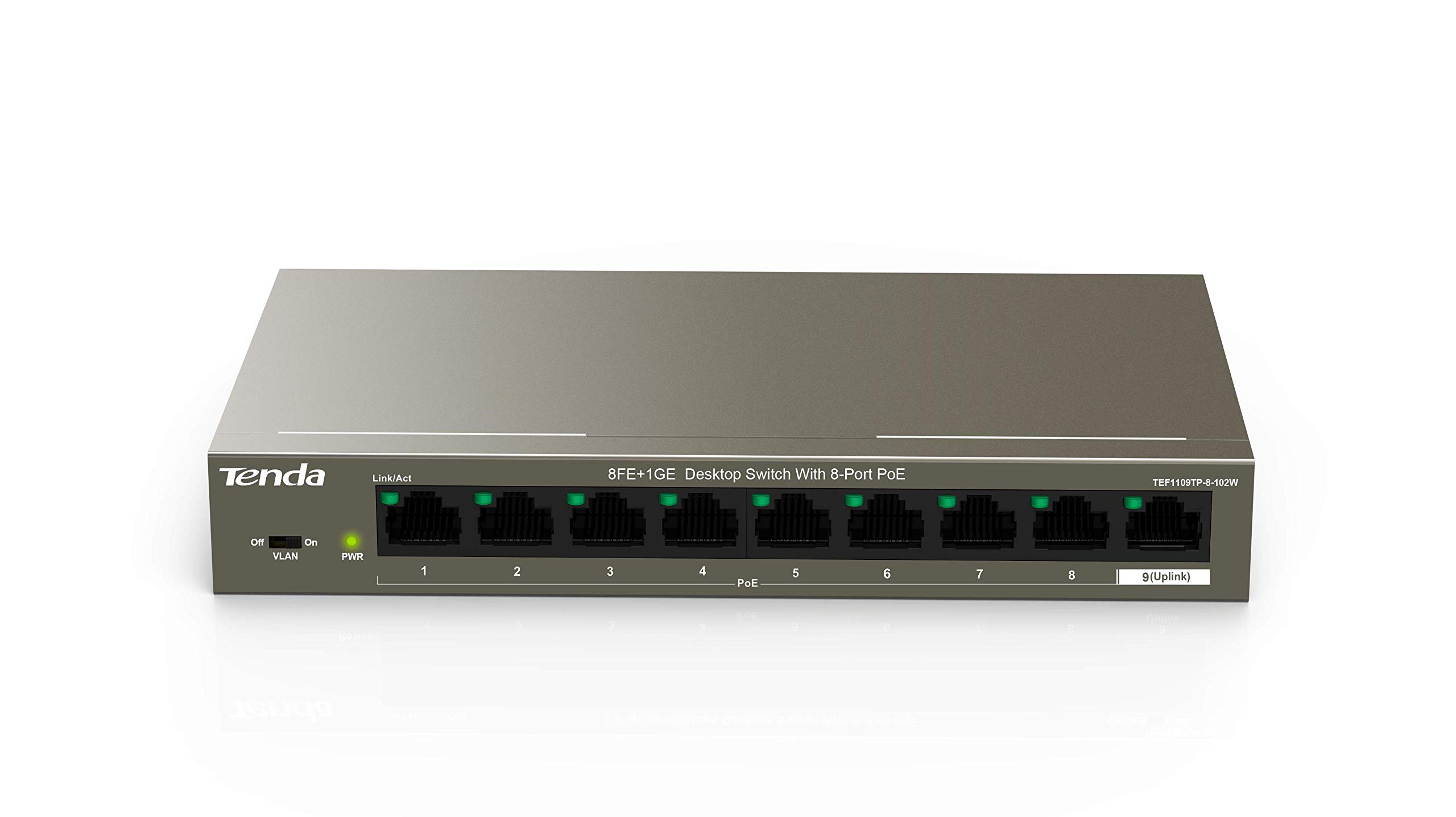 Tenda PoE Switch, 9 Porte 10/100 Mbps, 8 PoE Porte, 63W, IEEE 802.3af/at, Nessuna Configurazione Necessaria, Protezione Antifulmine Professionale,Cassa in Metallo TEF1109P-8-63W