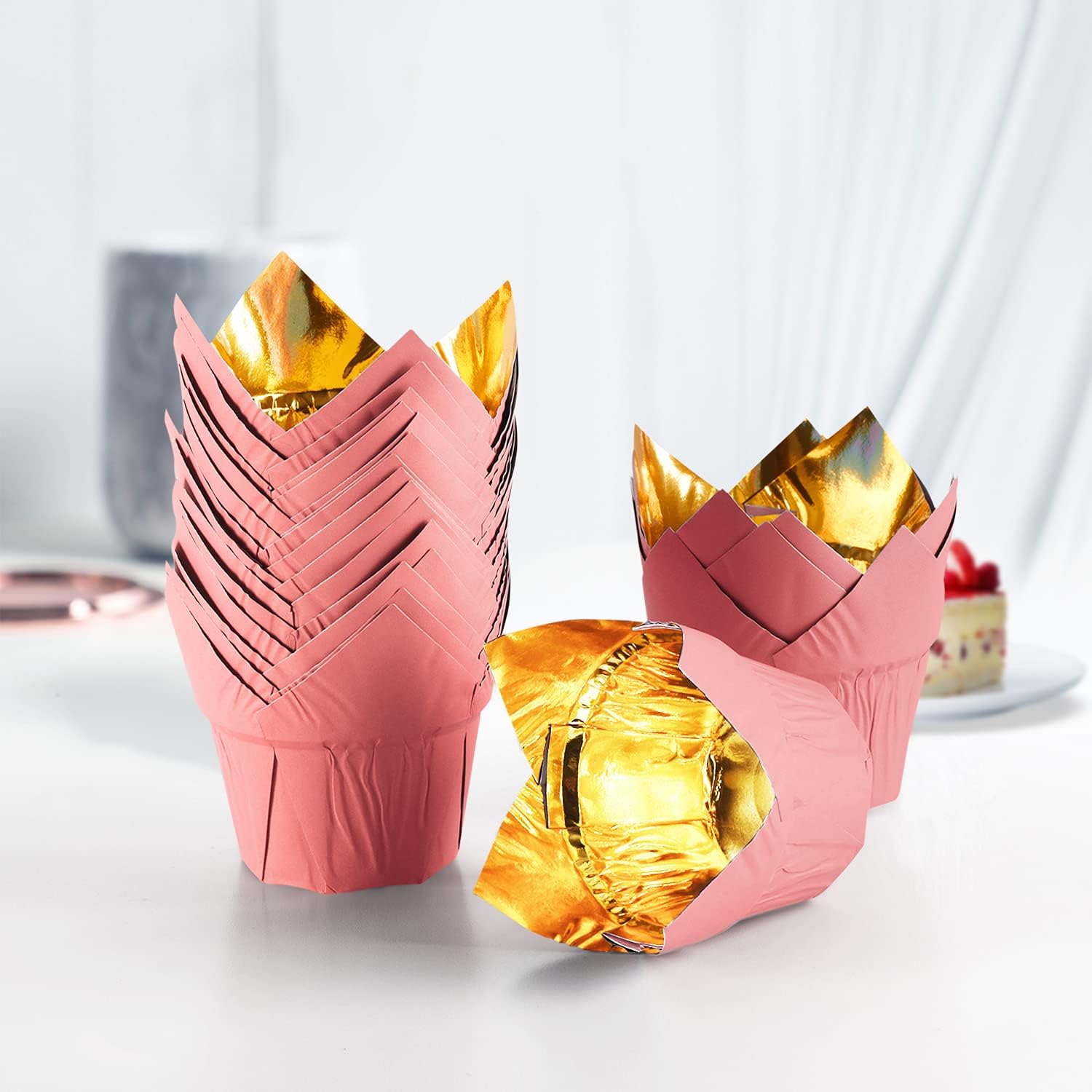 Party Hippo Gold Tulip Cupcake Liners 100 Pcs Baking Paper Cups Holders Greaseproof Muffin Cases Wrappers for Wedding Birthday Party Baby Shower (Pink) - Image 2
