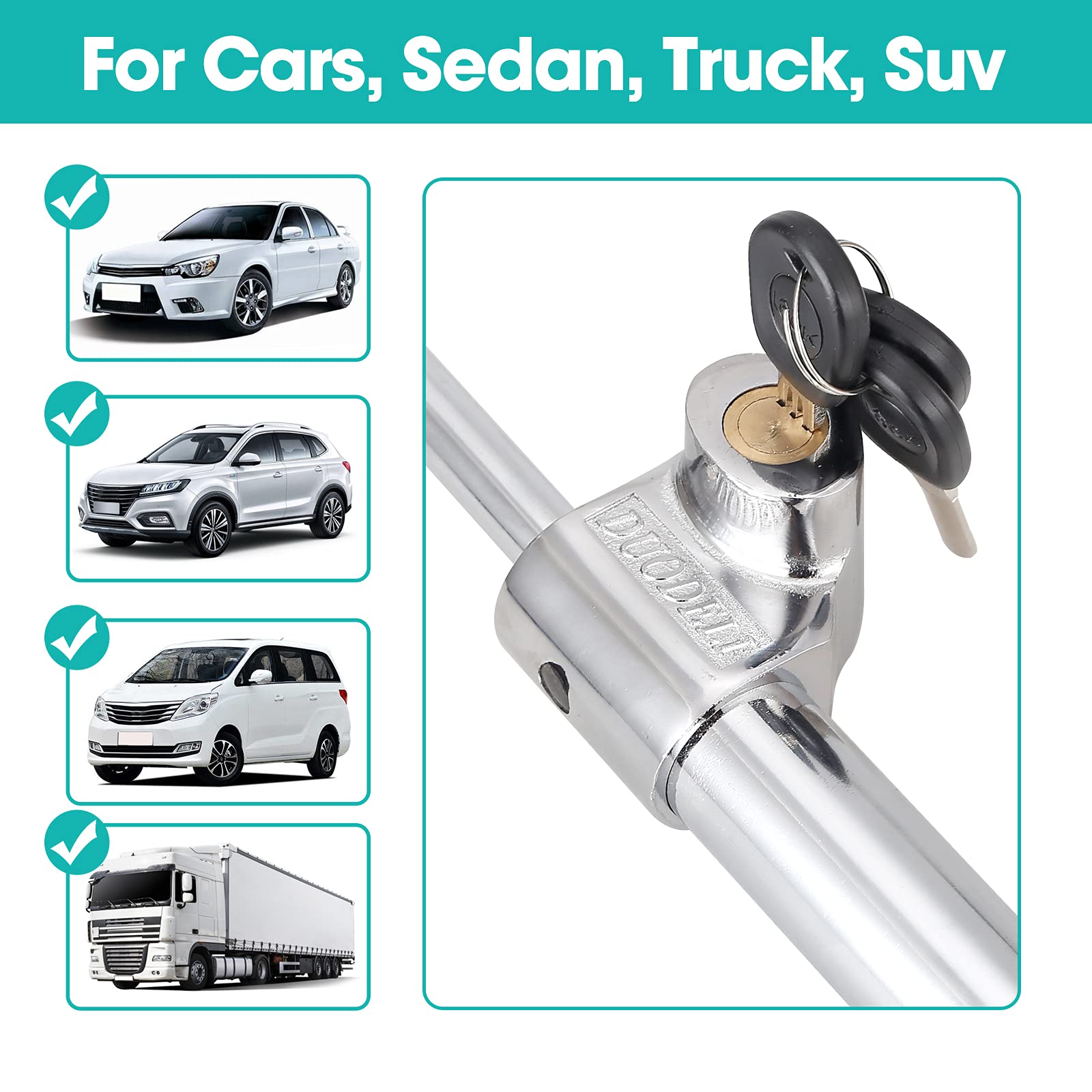 Barra Antirrobo Coche Volante - Cerradura del Volante Antirrobo，Bloqueo De Pedal De Acero Inoxidable con 3 Llaves,para vehículos Van, Camiones, Barcos, SUV