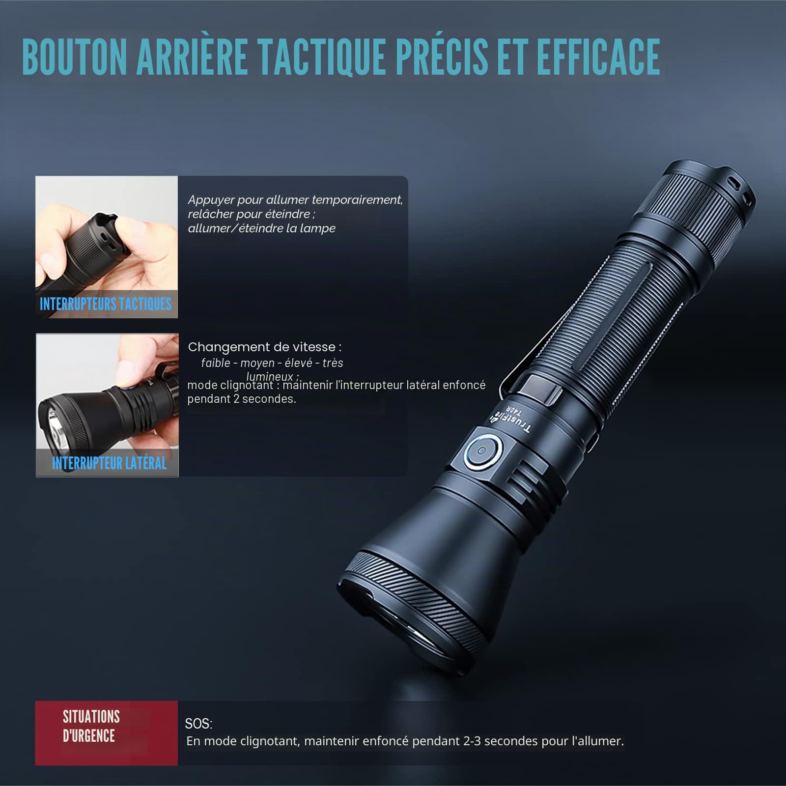 TrustFire T40R Lampe de poche LED, 1800 Lumens, Rechargeable USB, Tactique militaire, Étanche IP68, Portée 550m Torche Puissante, Double Interrupteur, pour Chasse et Camping Randonnée Recherche