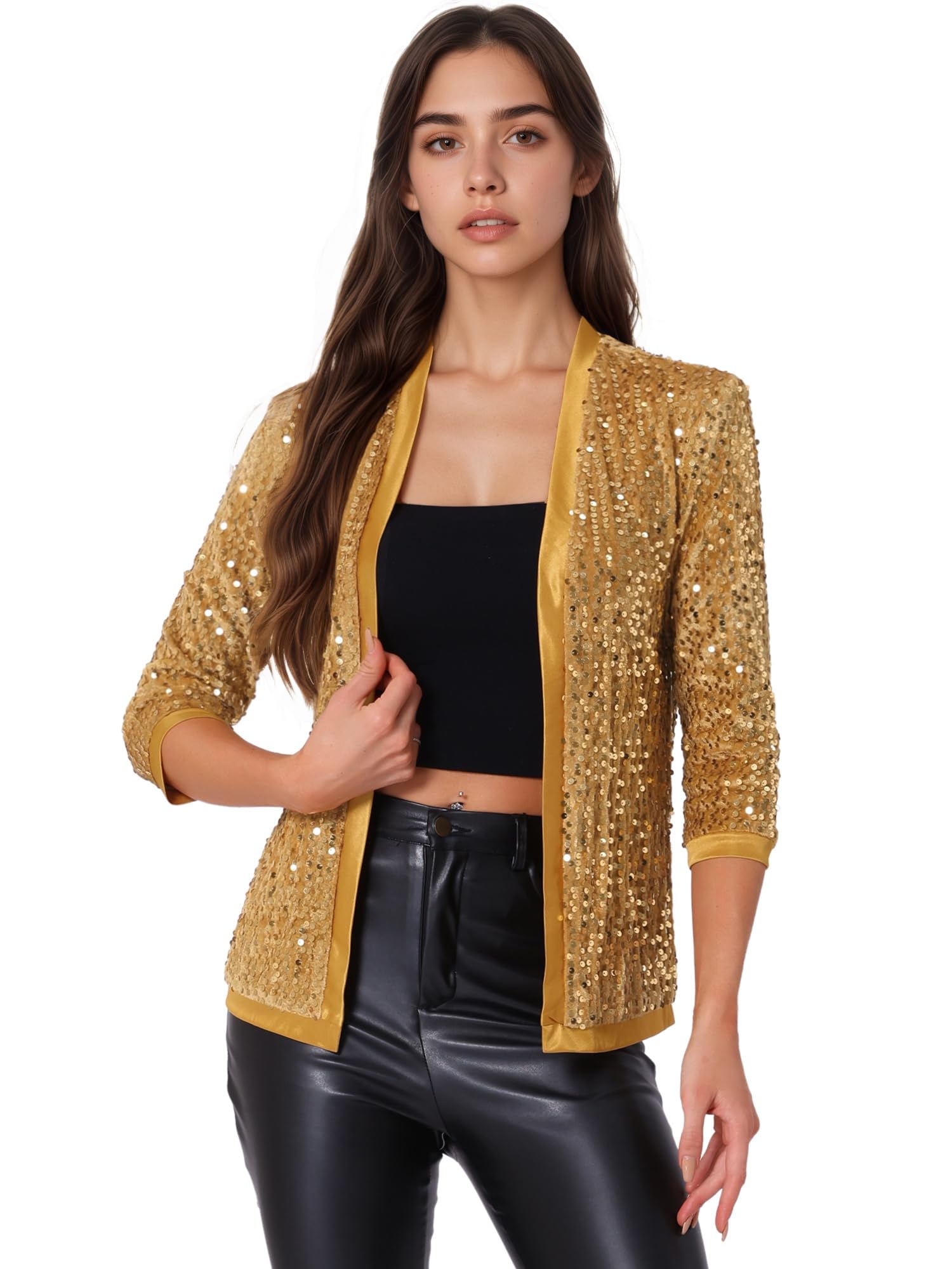 Allegra K Women's Sequin Cardigan 3/4 Sleeve Open Front Velvet Sparkle Jacket Party Glitter Blazer