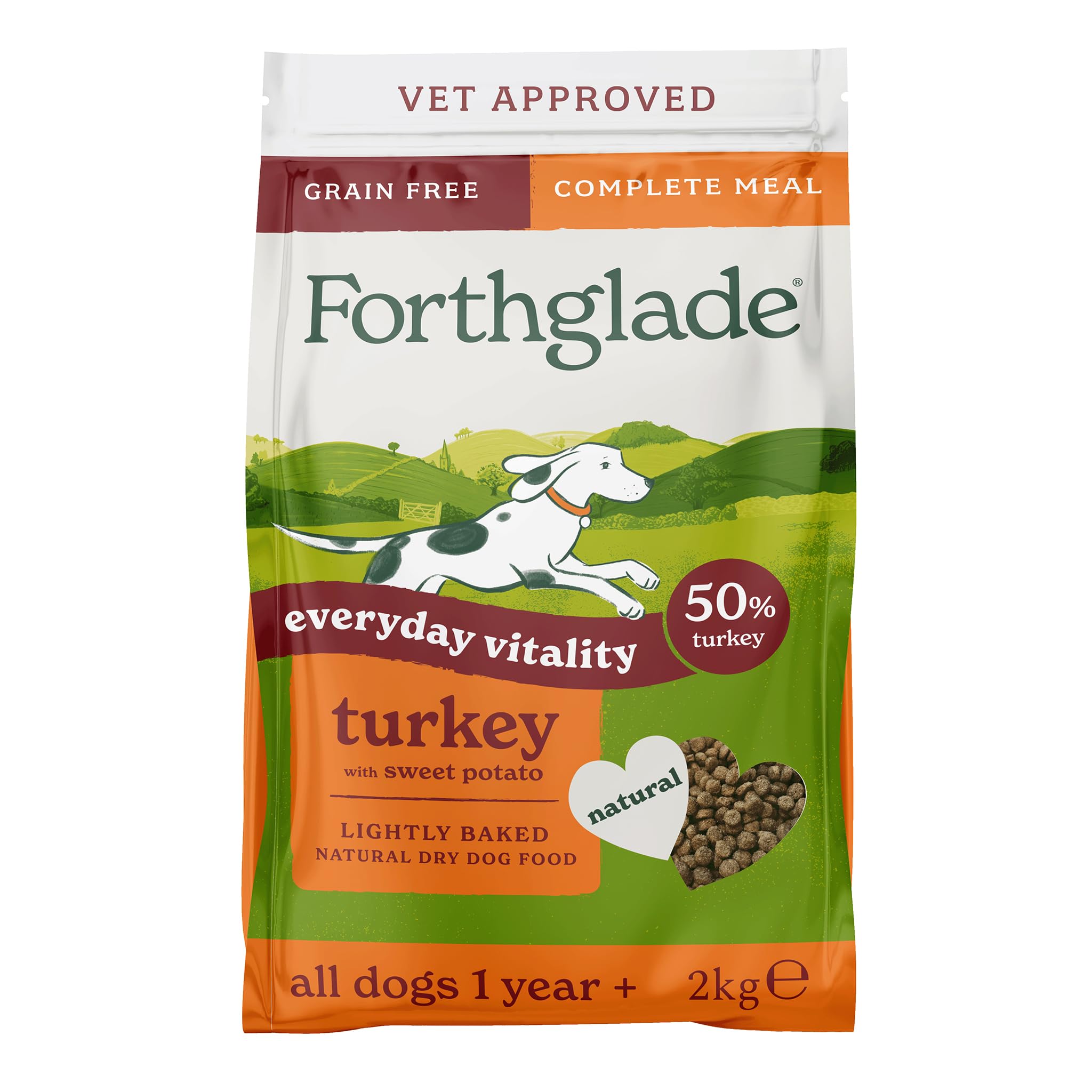 Forthglade Dry Dog Food, Lightly Baked, (2kg), Hypoallergenic and Grain Free Dog Food, Adult 1 Year +, Turkey With Sweet Potato, Completed and Balanced Meal, 50% Single Source Protein