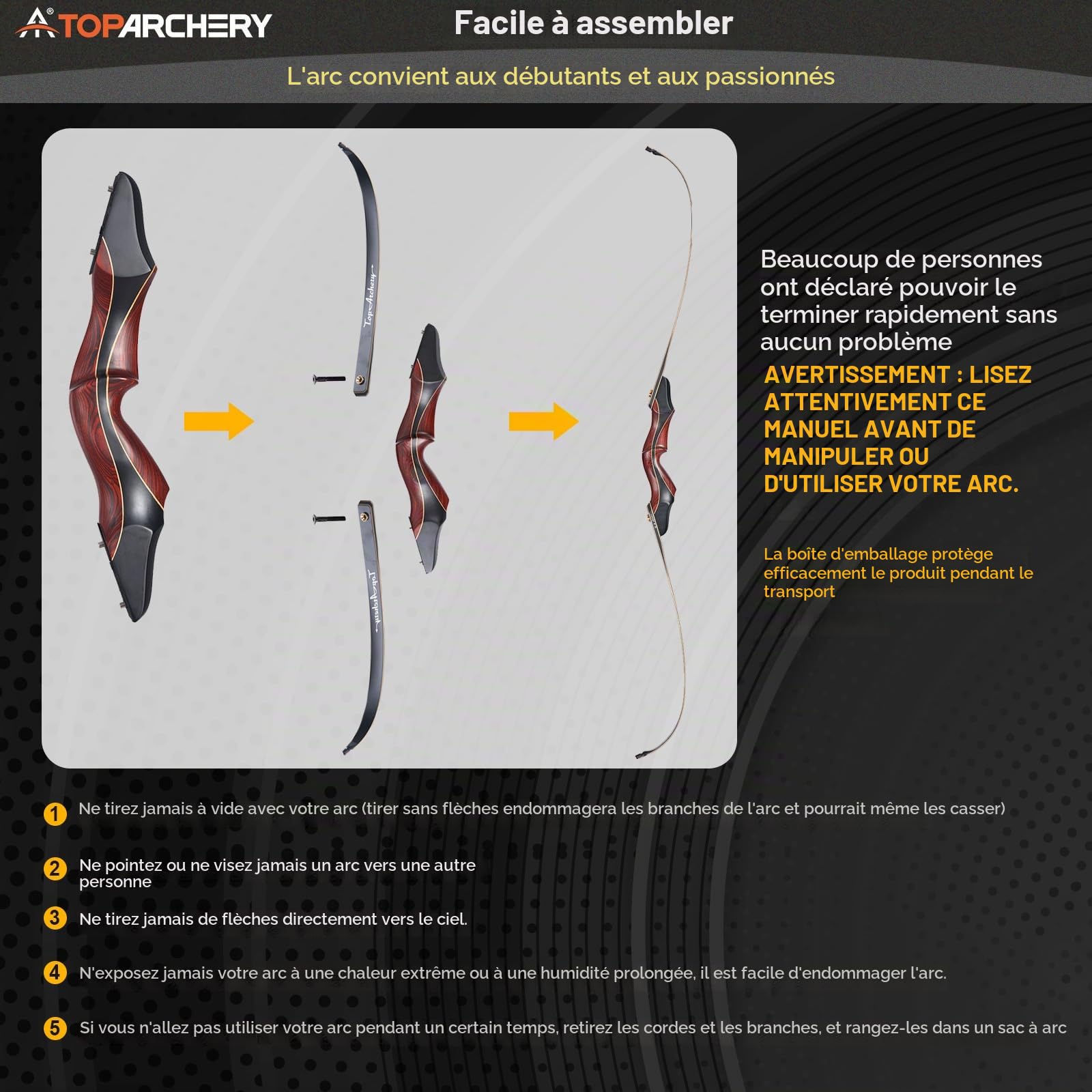Toparchery Tir à l'arc 60" Takedown Chasse Arc Classique pour Adultes Pratique Compétition Arc avec Stringer Tool Main Droite Noir 30-45lbs (45 lbs)