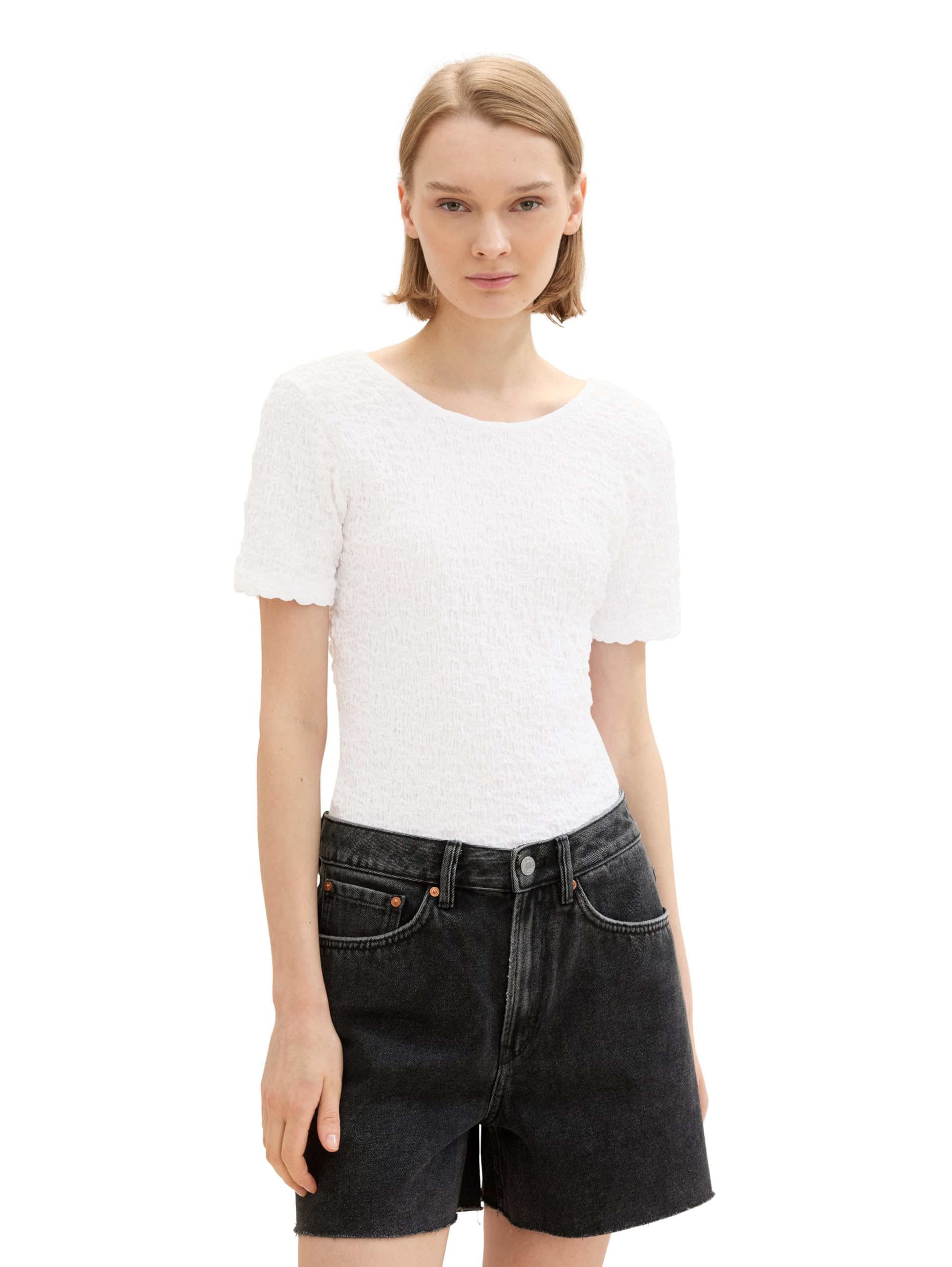 Tom Tailor Denim Women's 20000 - White 1041444 Basic T-Shirt With Crincle Structure, 20000-White, L