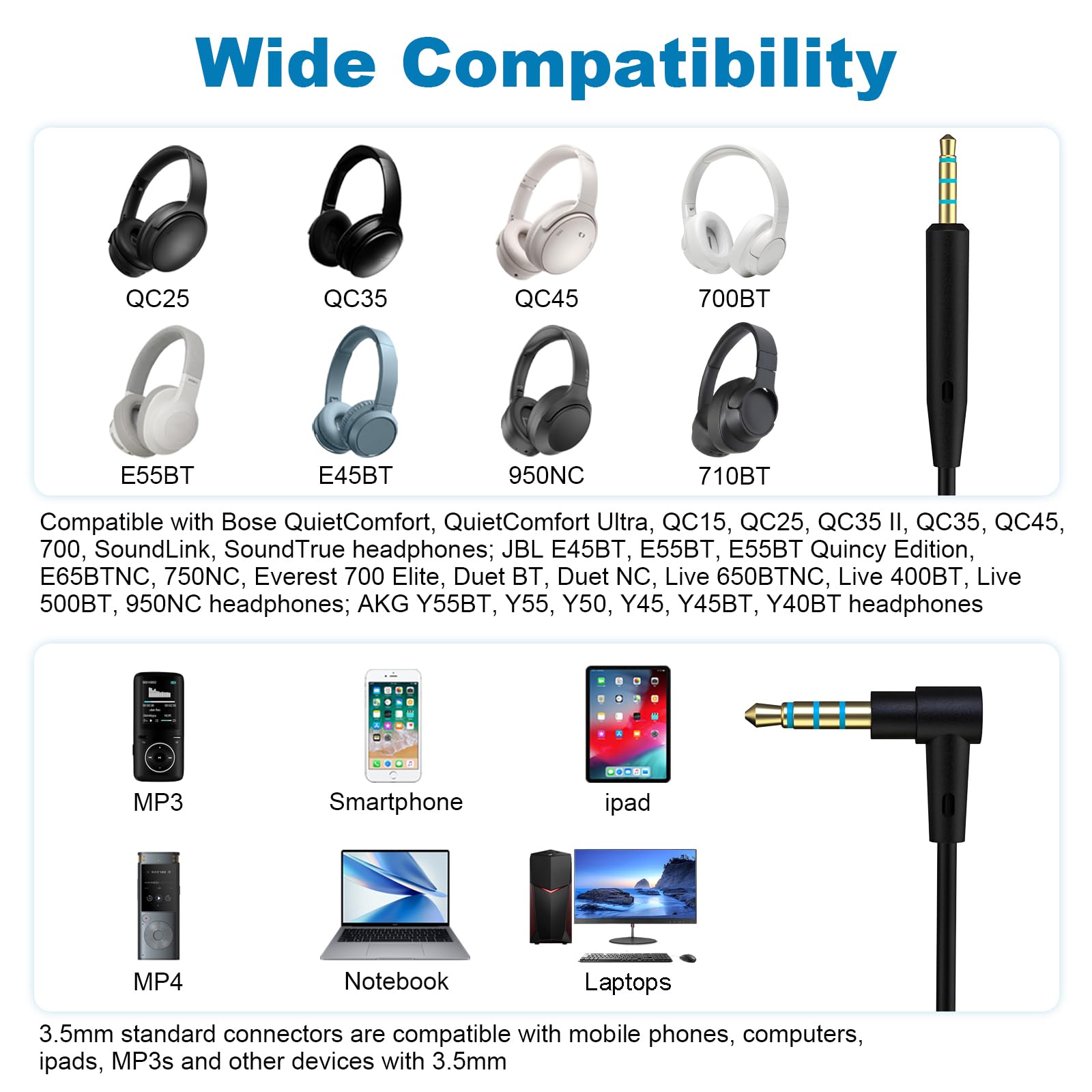 QC35 Mic Compatible with Bose QuietComfort, QC25, QC35, QC35 II, QC45, 700, OE2, JBL Tune 710BT, 660NC, 760NC Headphones with Inline Mic Volume Control, 5ft