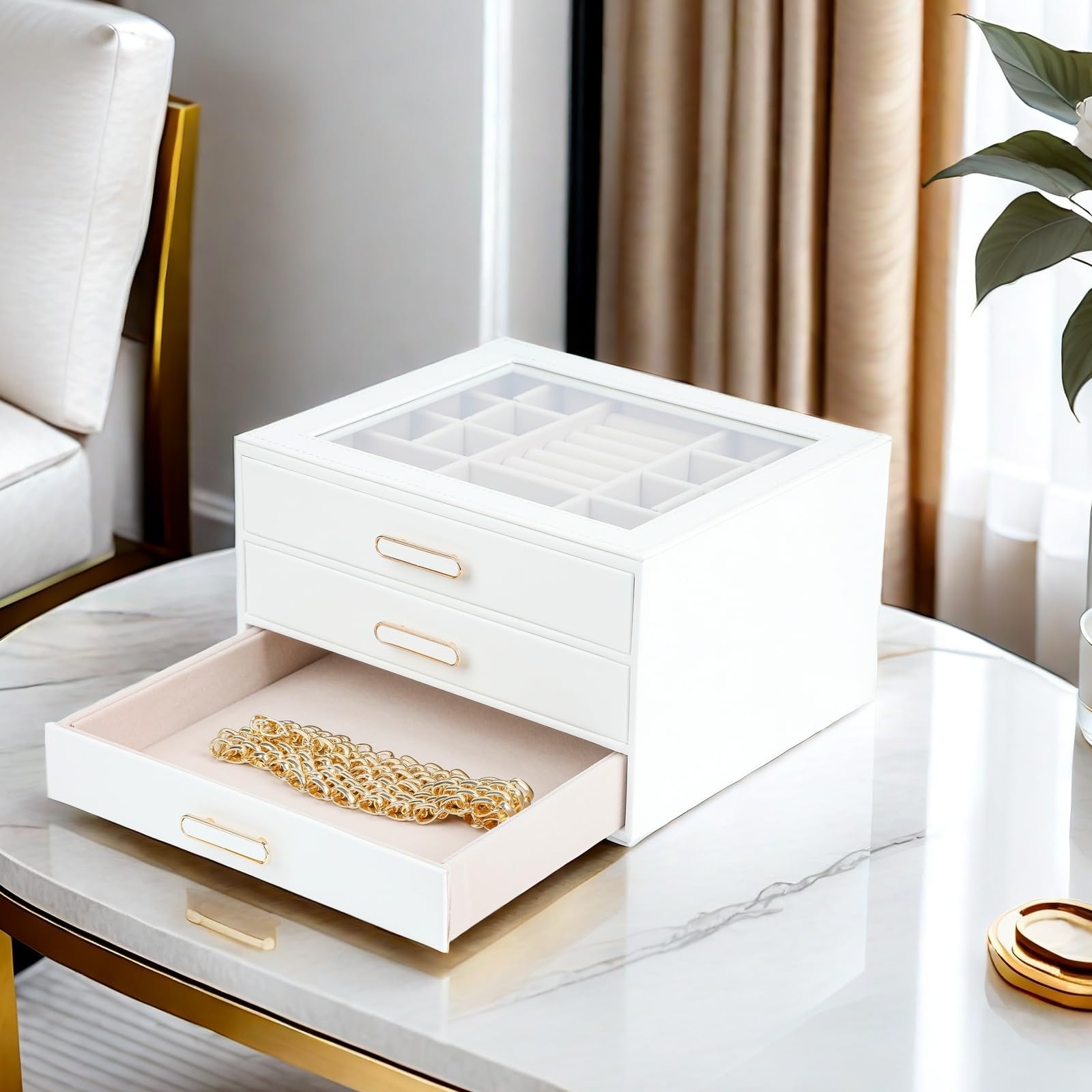 ASINGYER Joyero con tapas de cristal, organizador de joyas de 3 capas con 3 cajones para almacenamiento de collares, aretes y pulseras, cajas de joyería y organizadores para mujer (blanco)