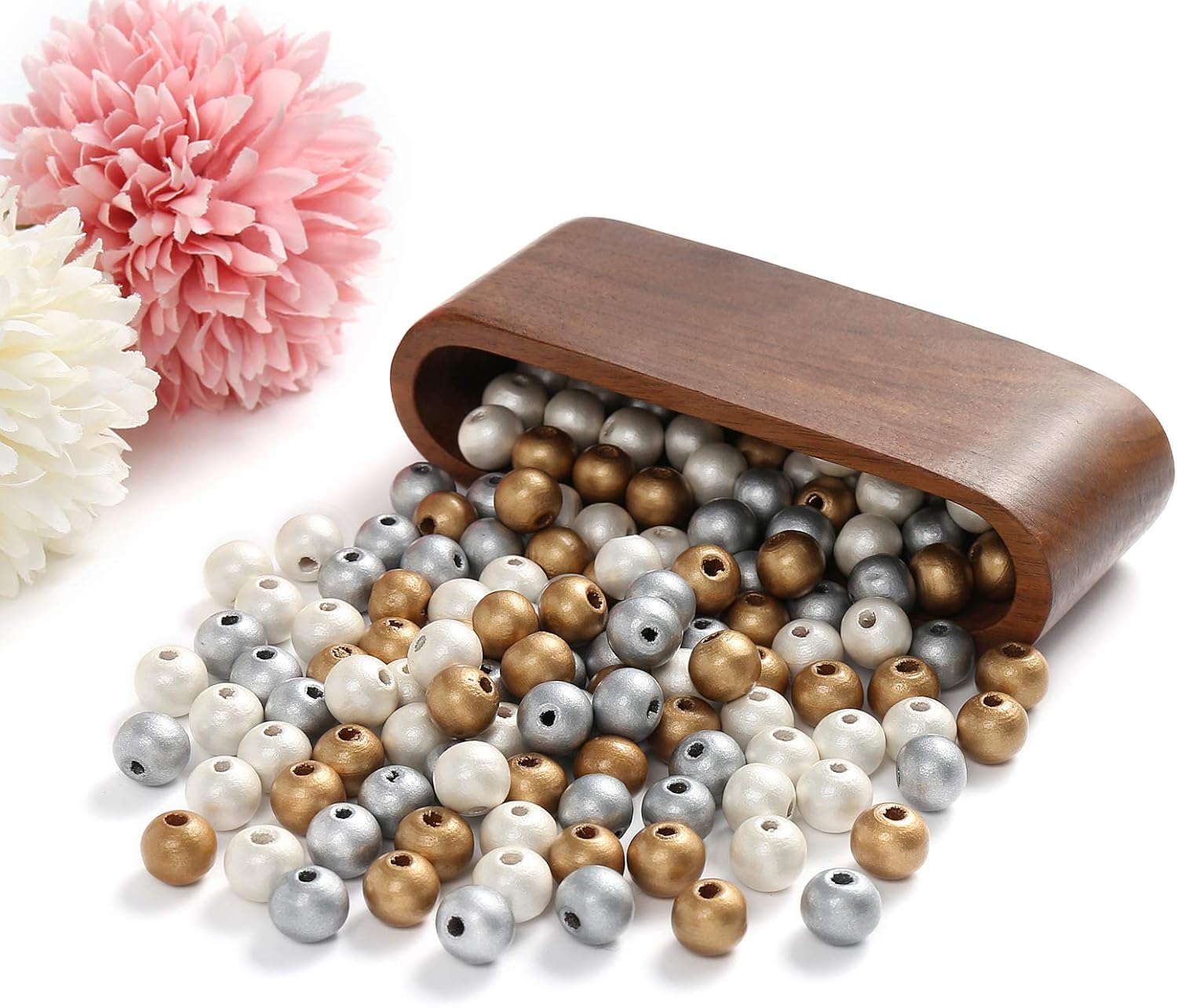 DAHI 300pcs 12mm Gold,Silver,White Pearl Beads Round Colorful Farmhouse Wooden Beads Loose Beads for DIY Crafts Jewelry Making(300pcs 12mm) - Image 4