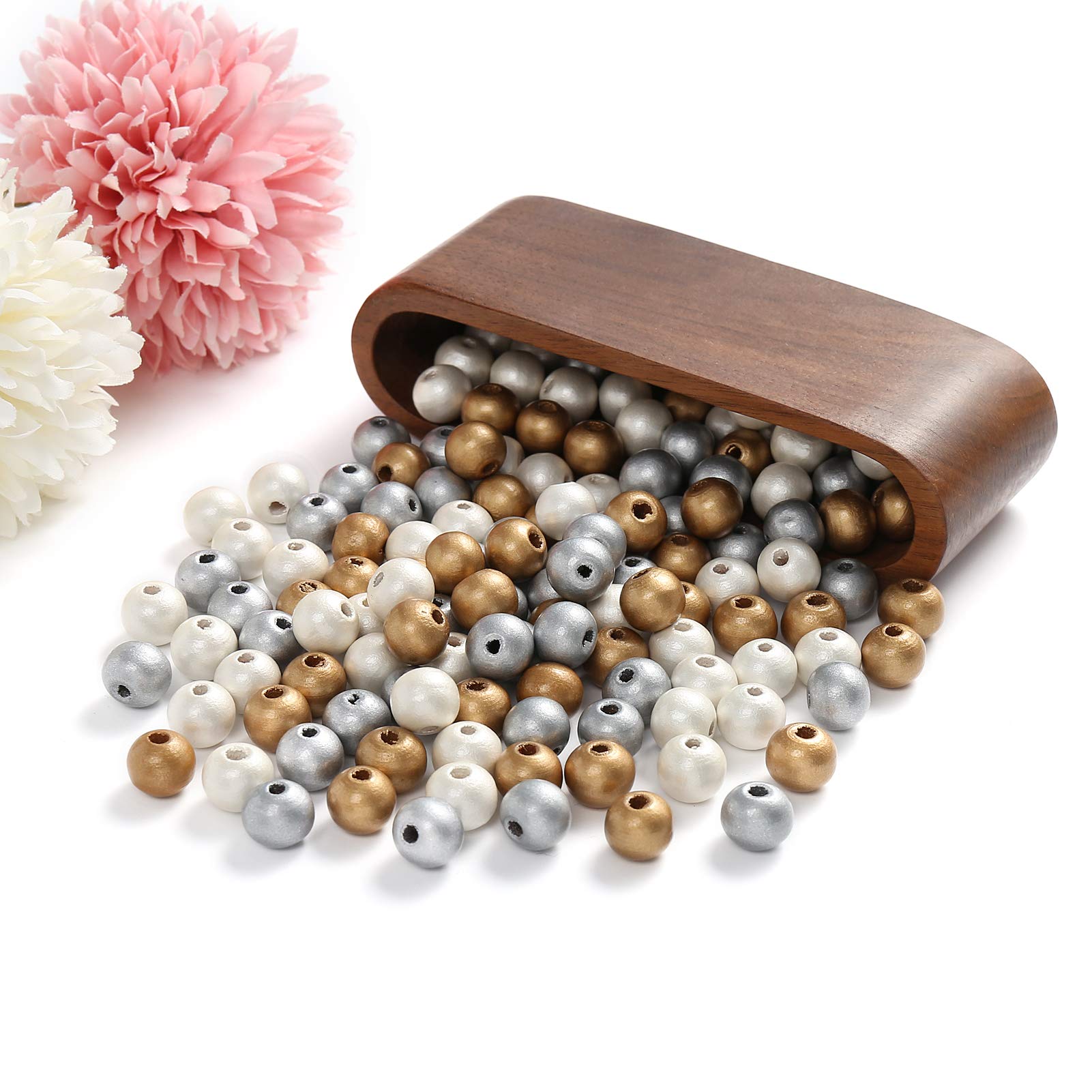 DAHI 300pcs Gold Wooden Beads Natural Gold Silver White Craft Beads,Round Wooden with Hole for DIY Jewellery Making Craft Necklace Bracelet 3 Colours (12mm) - Image 4