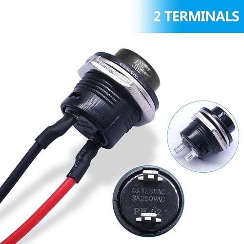 Vista 11 de Twidec /6 unids SPST interruptor de botón momentáneo AC250V/3A AC125V/6A Mini apagado (ON) ON Negro + Rojo con cables pre-soldados R13-507BKR-X