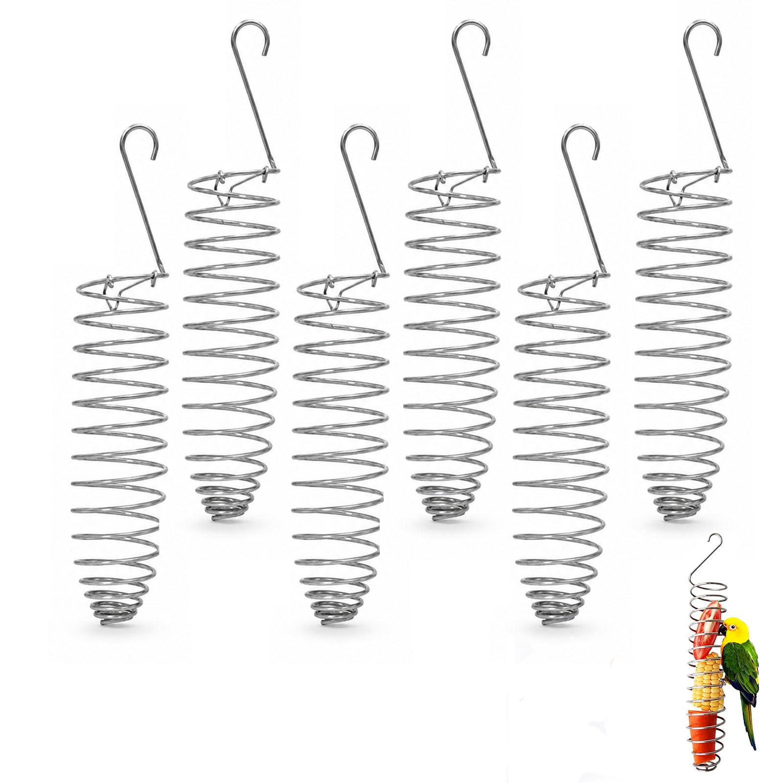 6 PCS Spiral Foraging Toys, Stainless Steel Budgie Feeders with Spring Hook