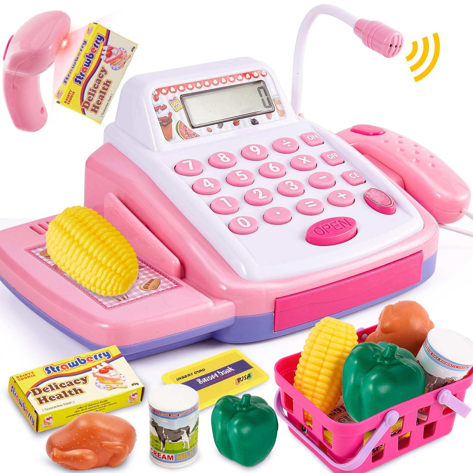 HYAKIDS Spielkasse Kinder Kasse Spielzeug ab 3 Jahre Mädchen, Kassenstation mit Licht & Sound und Scanner Spielgeld Münzen Einkaufskorb, Kaufladen Zubehör Rollenspiele Geschenke für Kinder