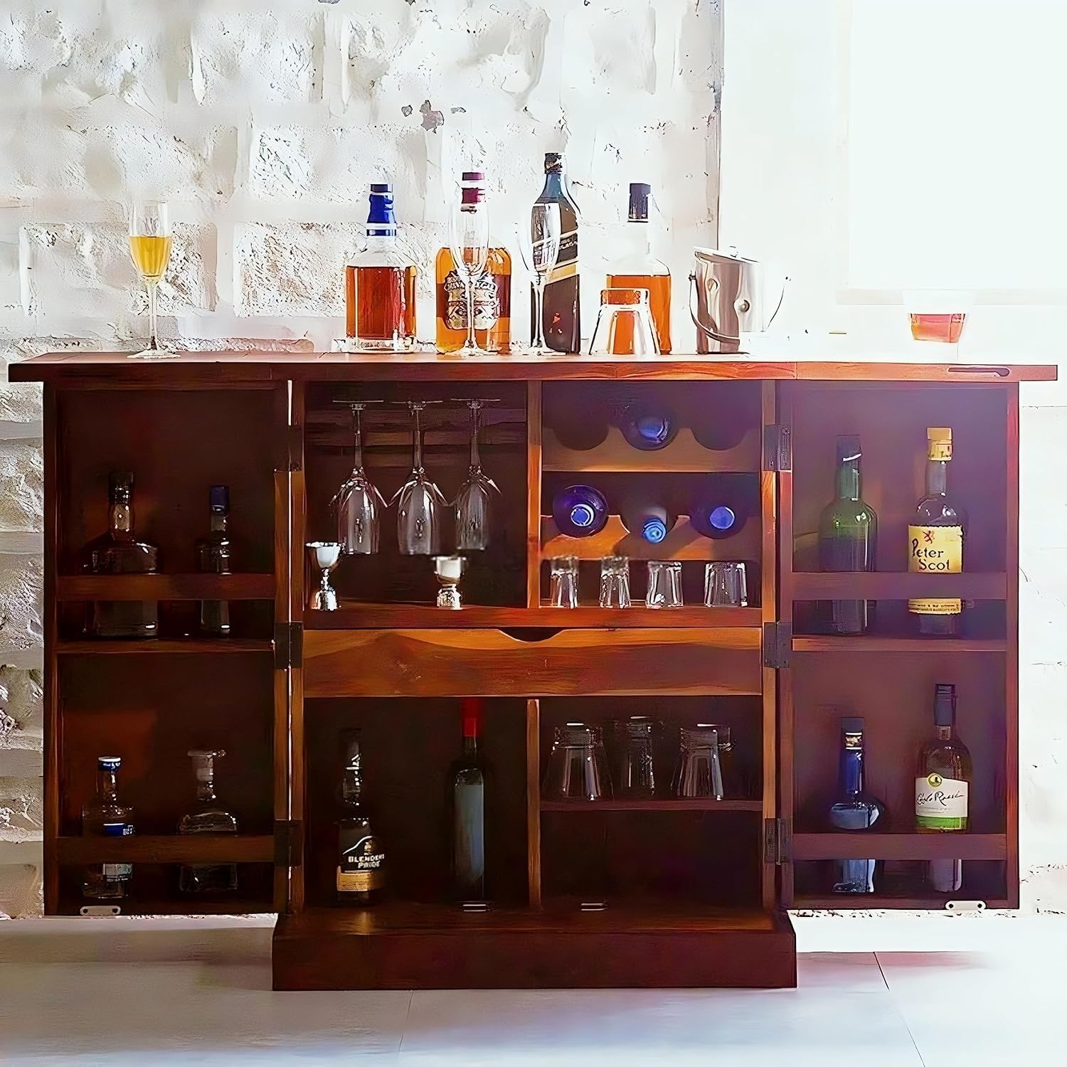 Solid Sheesham Wood Bar Cabinet for Home | Wine, Whiskey, Scotch & All Drink Storage Rack with Drawer | Wooden Living Room Bar Furniture | Honey Finish | Pre-Assembled-picture-12