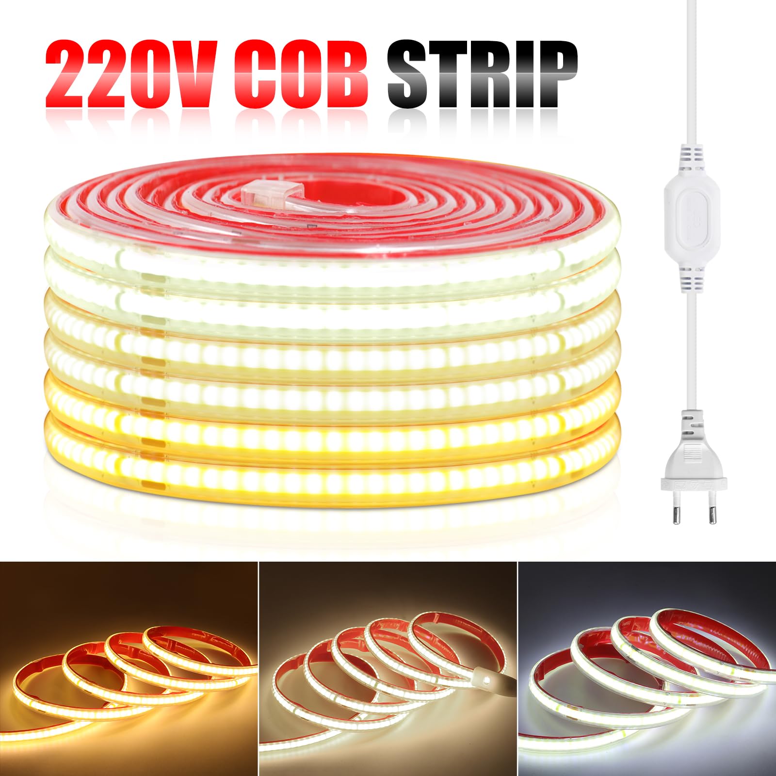 Tira LED COB 220V [50M, Blanco Natural 4000-4500K], IP65 impermeable flexible, 240 LEDs/m Tira LED FCOB CRI85+, cortable cada 10cm, iluminación decorativa para hogar/tiendas