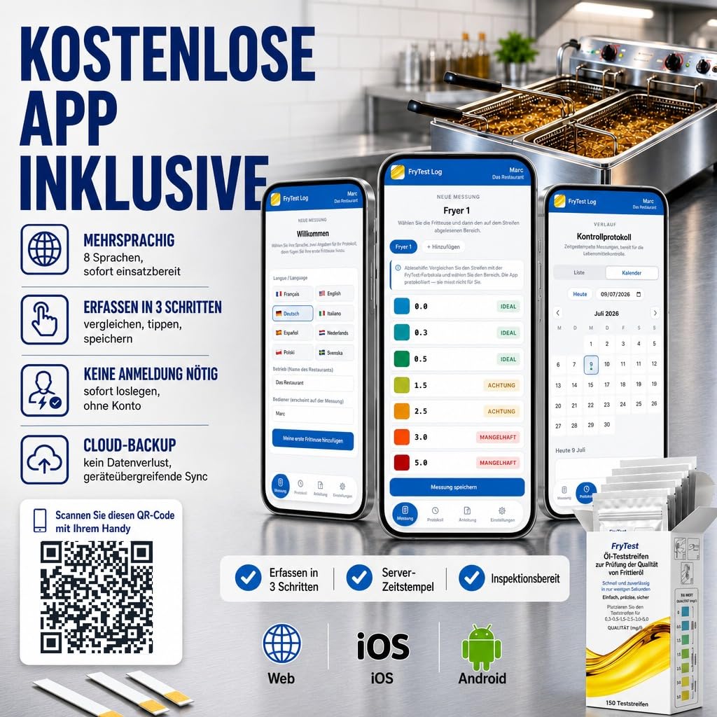 Frittieröl Teststreifen FFA – GRATIS-APP INKLUSIVE – HACCP Qualitätskontrolle – ISO 9001 zertifiziert – 150 Teststreifen – Fritteusen-Öltester Restaurants Profiküche