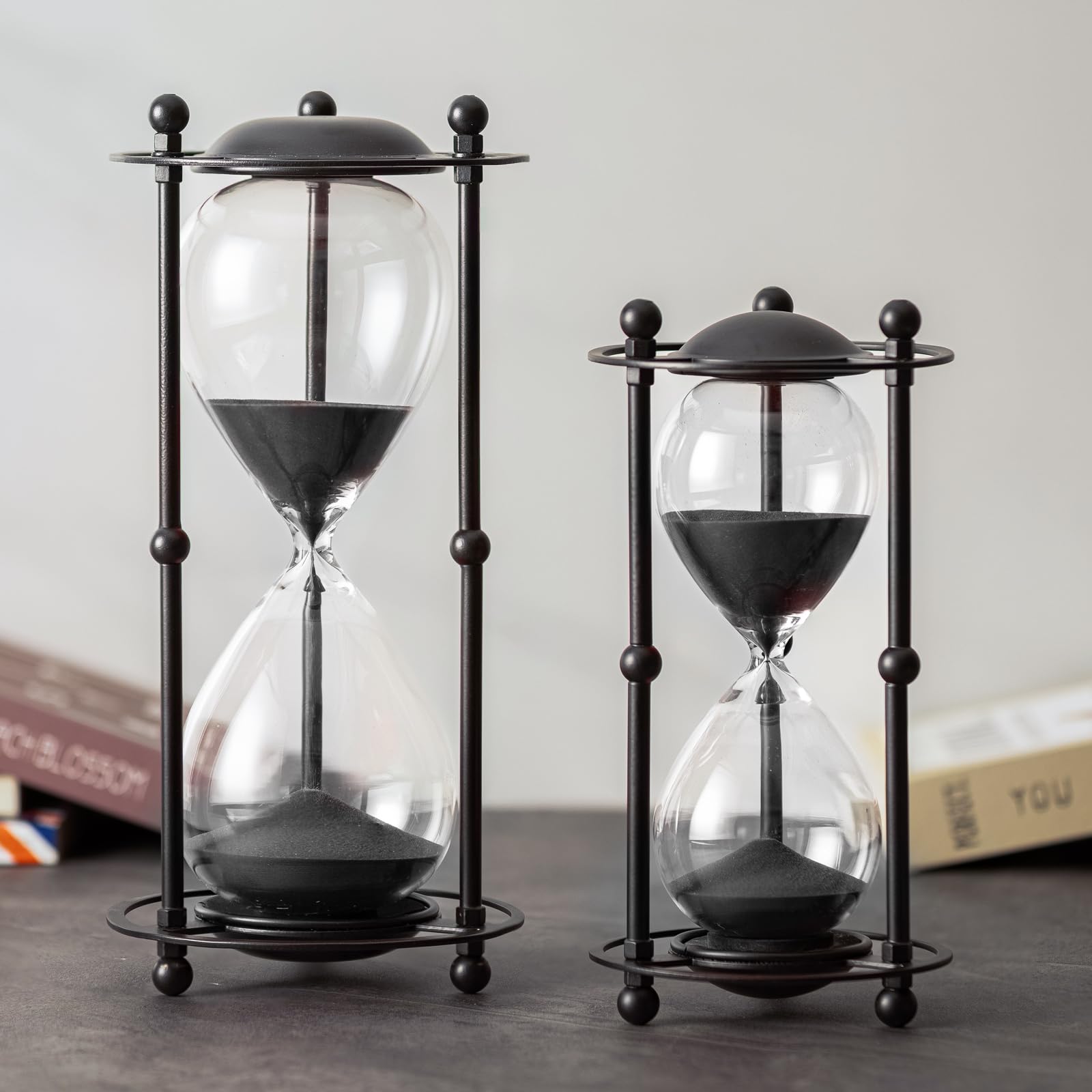 Temporizador de reloj de arena de 60 minutos, marco de metal negro, temporizador decorativo de arena (arena blanca, tamaño grande)