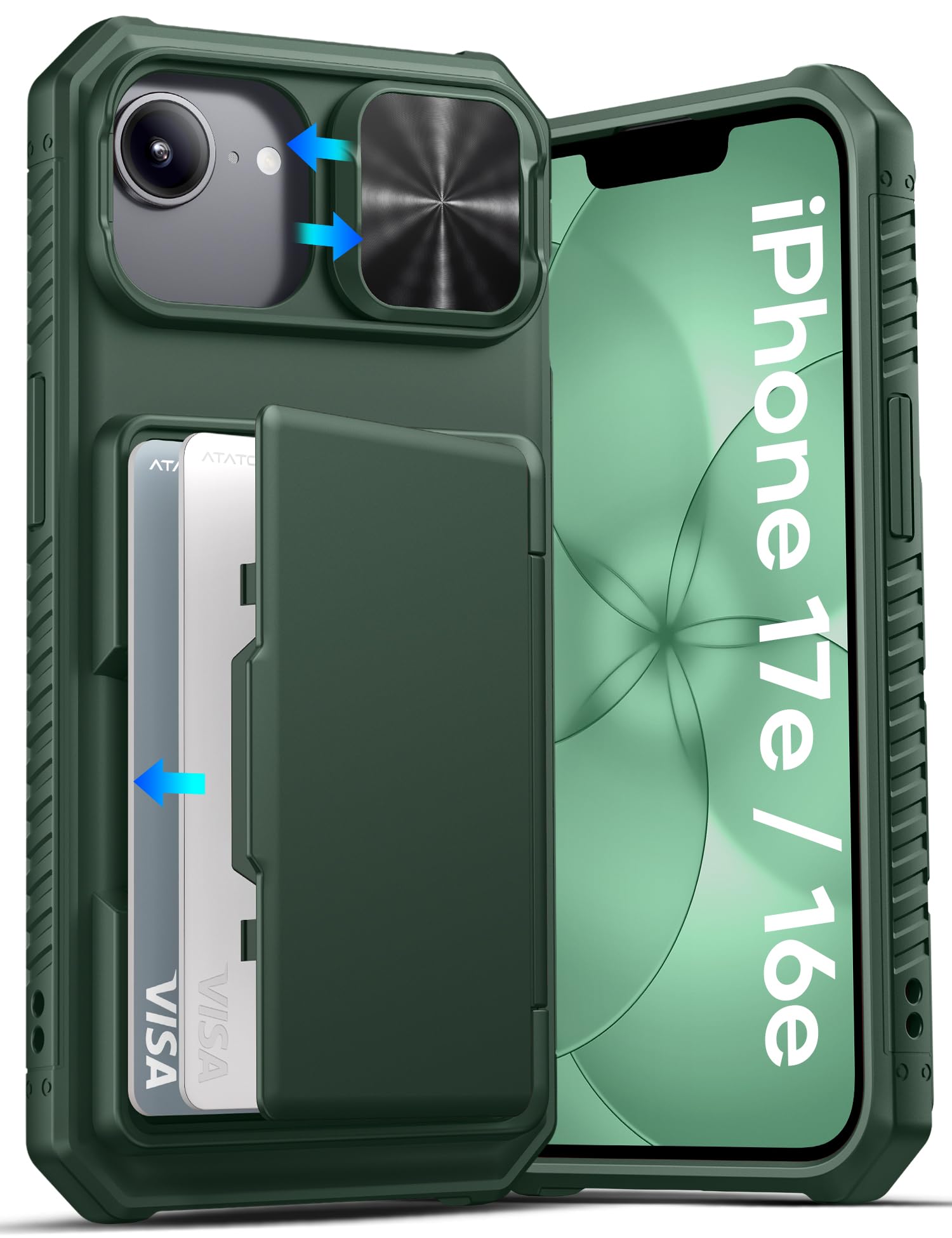 ATATOO for iPhone 17e/16e Case Wallet with Card Holder (3-5 Cards), Green