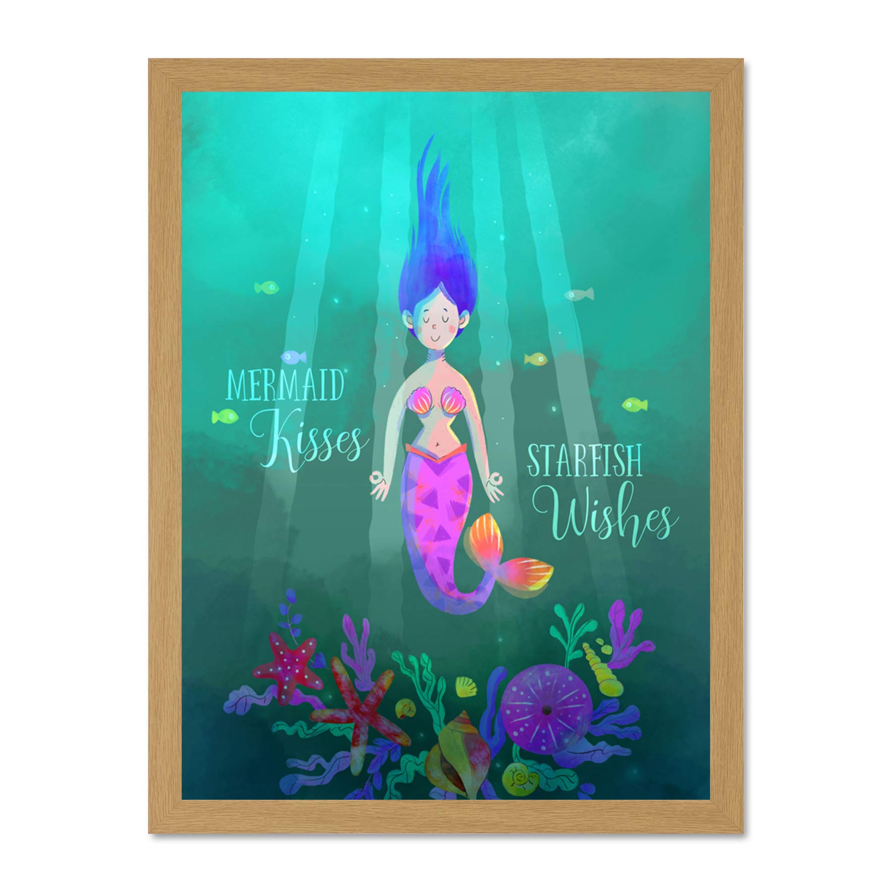 Wee Blue Coo Mermaid Kisses Starfish Wishes Wall Large Framed Art Print Poster Wall Decor 18x24 inch