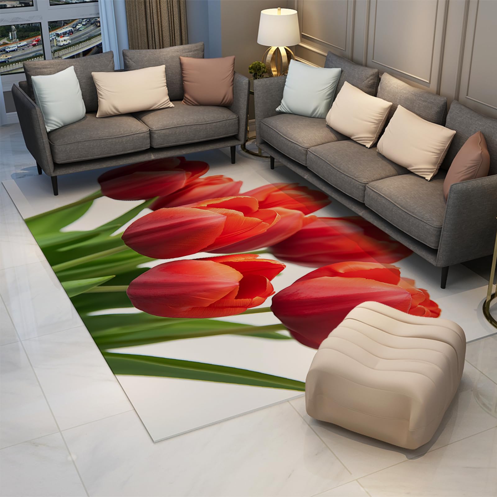 Romance floral petit tapis chic et douillet motif tulipes rouges