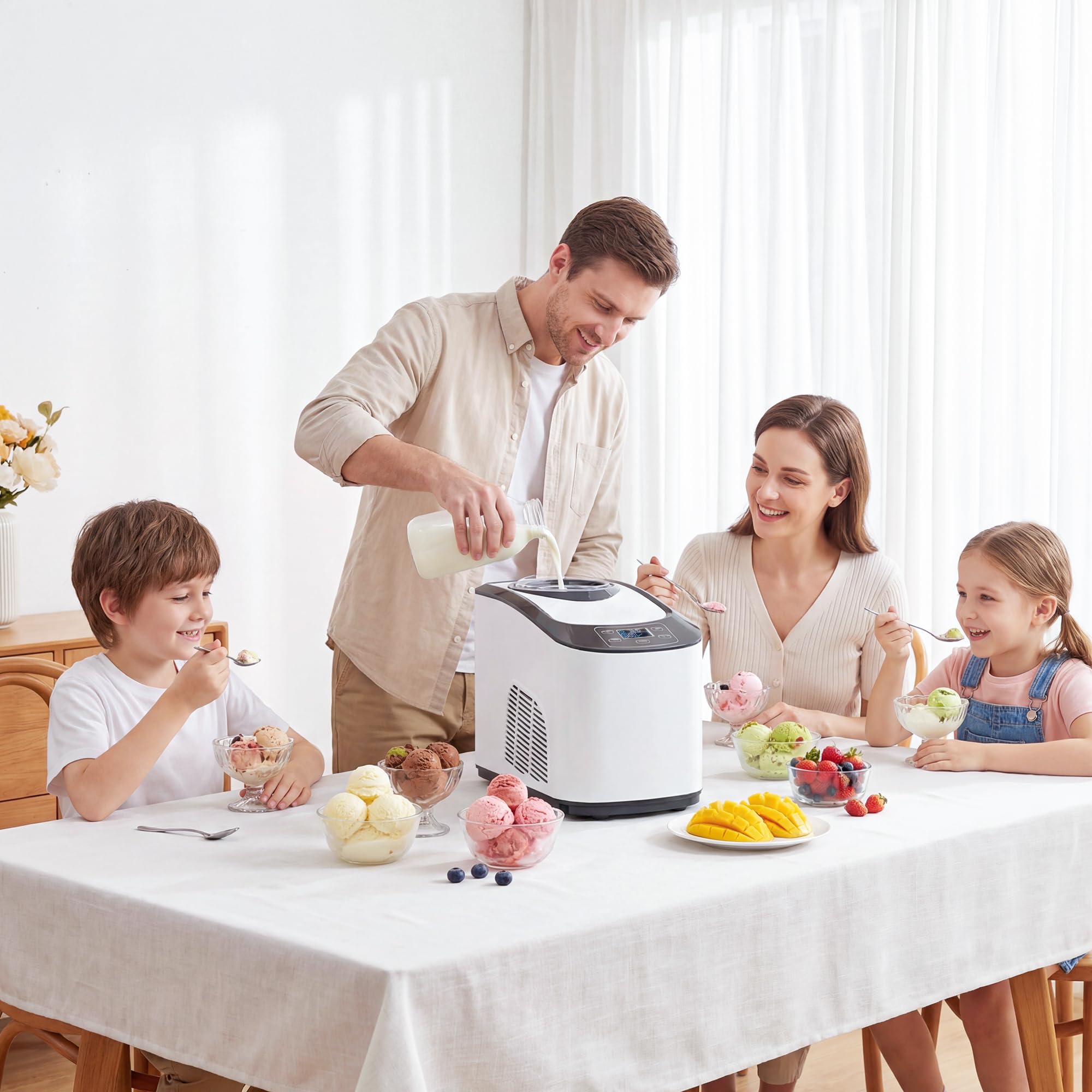 HOMCOM Eismaschine 1,5L mit Soft-Eis-Modus & Hart-Eis-Modus LCD Display | Eiscrememaschine, Speiseeisbereiter, Frozen Eisbereiter Speiseeismaschine, Messbecher, Schaufel, 45 Min., DIY Eiscreme