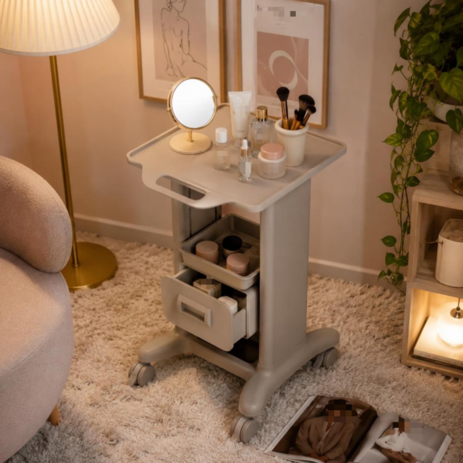Harilla Carrello Portaoggetti Bellezza Trolley Estetica Carrello Salone Carrello Estetista Vassoio Plastica Design Compatto Adatto Zona Trattamento Saloni, Bianco, Cassetto Singolo + 1 Scatola