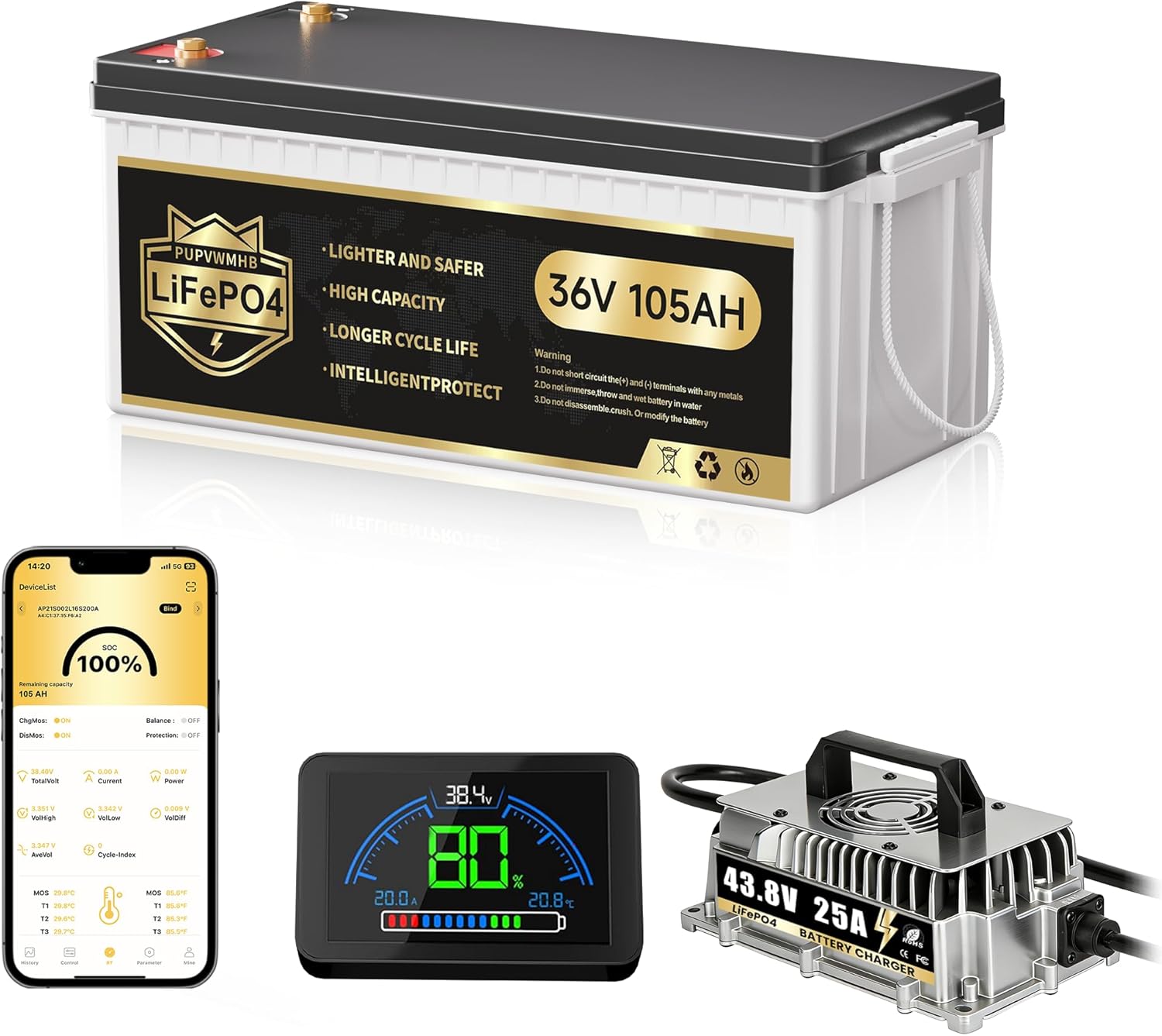 36V Lithium Golf Cart Battery, 36 Volt 105Ah LiFePO4 Battery Built-in 200A BMS, Max Peak Current 1000A, Max 7.68kW Power Output with 25A Charger & Touch Monitor for Golf Cart