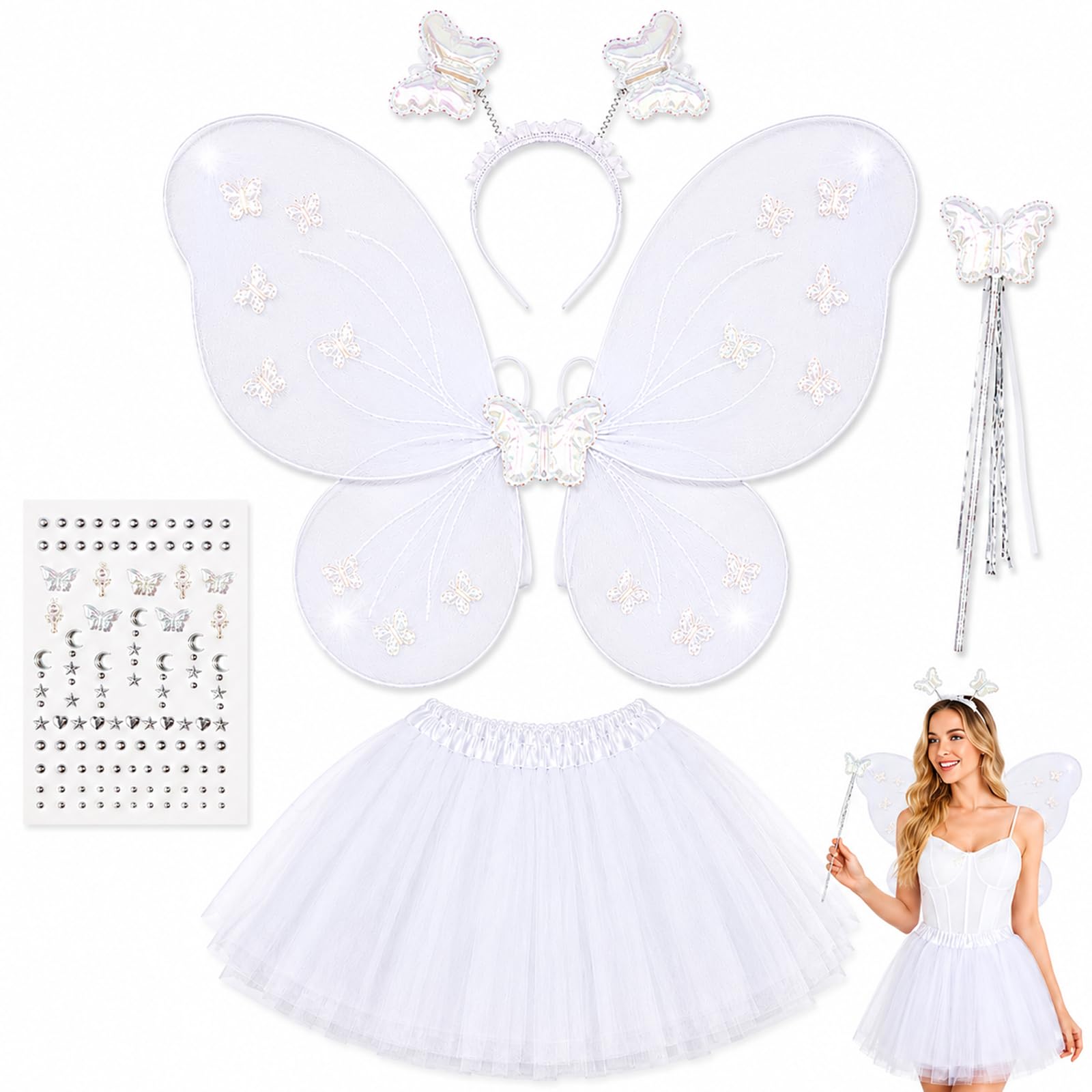 5 PCS Fairy Wings Set, White Wings, Skirt, Wand, Headband and Stickers