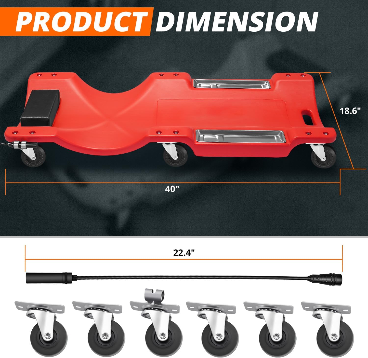 40" Low-Profile Plastic Rolling Mechanic's Floor Creeper with Built-in LED Light, Cushioned Headrest, Dual-Compartment Tool Trays, and Casters CAAP-TOLS-CRP-T2-40-RD