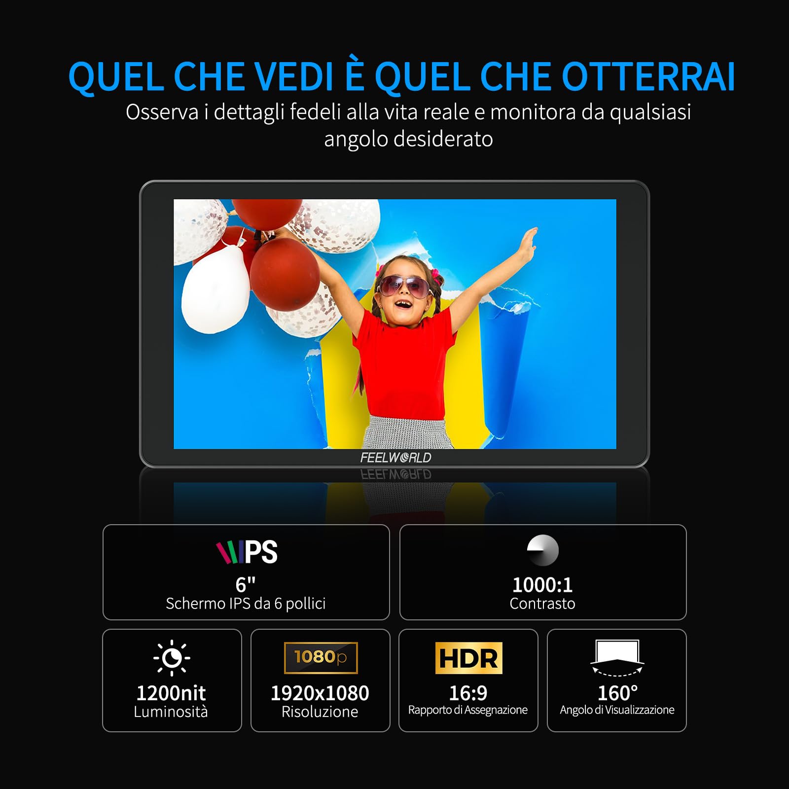 FEELWORLD P6XL Monitor per fotocamera con batteria integrata, 6 pollici 1200 nit touchscreen monitor da campo DSLR con forma d'onda 3D LUT HDR 4K HDMI e involucro in alluminio