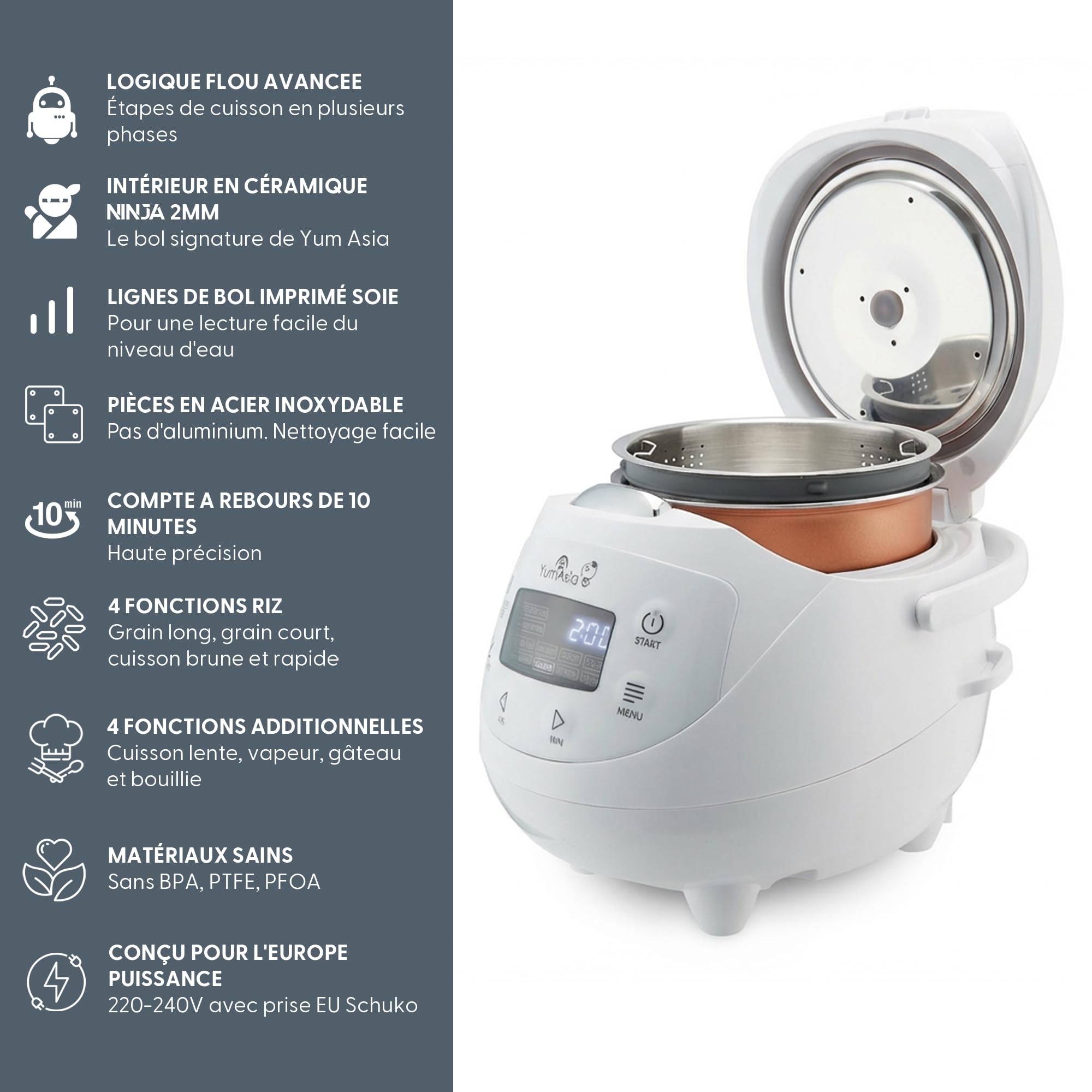 Yum Asia Panda Mini cuiseur à riz avec bol en céramique Ninja et logique floue avancée (3,5 tasses, 0,63 litre) 4 fonctions de cuisson du riz, 4 fonctions multicuiseur, 220-240V (Arctic White)