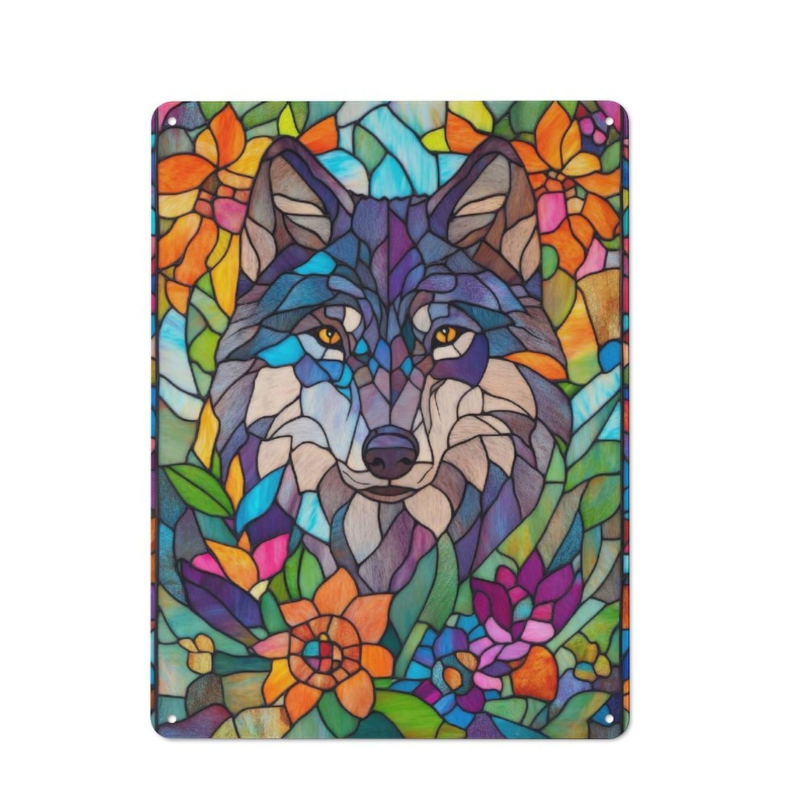 Junmoney Wolf Stained Glass Metal Sign 40X30cm With For Workshop Wall, Vintage Decor, A Decorative Christmas Gift For Metal Sign Collectors