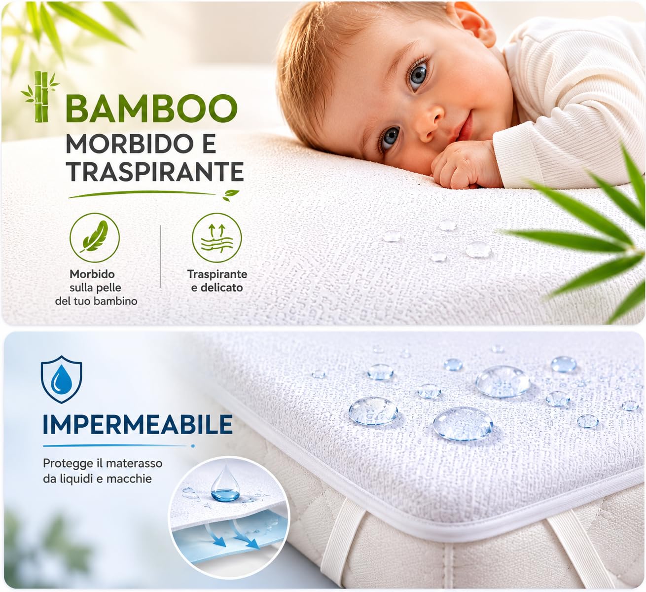 FlyIdeas Set di 2 Coprimaterasso Impermeabile Bamboo Certificato 75x35 cm Bianco per Culle Lettini Carrozzine